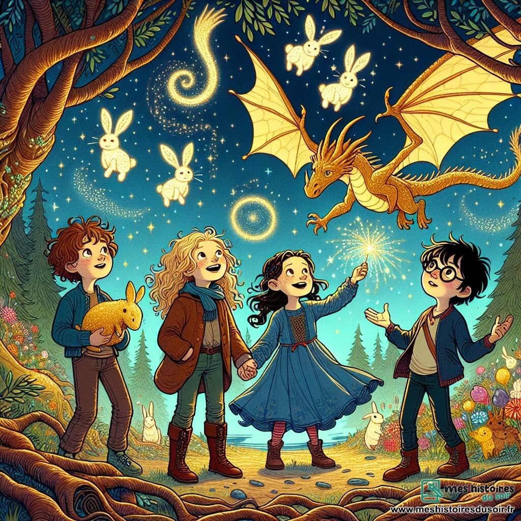 Dans une clairière enchantée, quatre enfants se tiennent ensemble, entourés de créatures fantastiques. Théodore, un garçon de 10 ans aux cheveux bruns, admire un dragon doré qui vole au-dessus. Chloé, vêtue d'une robe bleue, crée une pluie scintillante d'eau. Lucas, souriant, observe des lapins flottants, tandis que Maxime touche les racines du sol, formant un abri. La clairière est peuplée d'arbres aux troncs spirales et d'un ciel étoilé. Les enfants, déterminés à prouver leur valeur face au dragon, sont enveloppés d'une lumière dorée symbolisant leur courage et leur amitié.