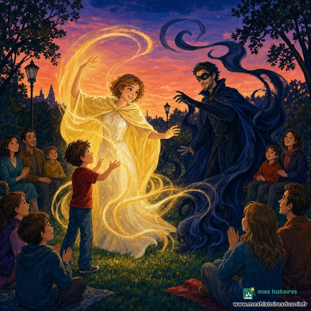 Zoé, femme d’environ 28 ans, souriante, cheveux châtain clair courts légèrement bouclés, vêtue d’une cape jaune pâle et d’une robe blanche scintillante, émane des vagues de lumière dorée et lève les mains ; à sa droite Obscur, homme d’environ 30 ans, visage fin et légère barbe, masque sombre et cape bleu nuit, façonne des ombres profondes, gestes calmes ; devant eux Tim, garçon de 8 ans en t-shirt rouge et jean, émerveillé, mains levées sur la pelouse ; autour, un petit groupe d’enfants et d’adultes assis, applaudissant doucement ; lieu : parc central au crépuscule avec pelouse verte, arbres sombres et ciel rose-orange vers bleu nuit ; situation : spectacle de lumière et d’ombre, motifs dorés et silhouettes noires dansant, fort contraste, ambiance magique et apaisée.