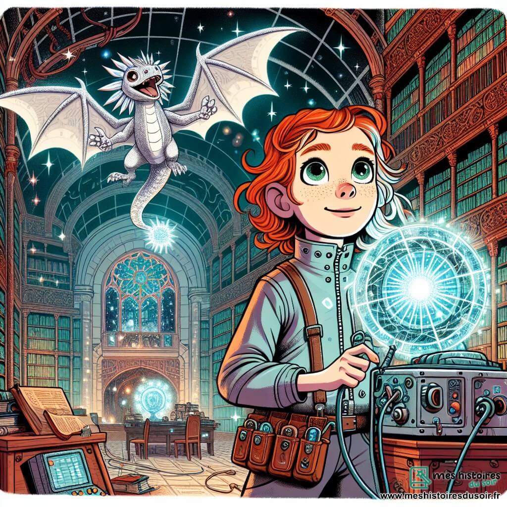 Une fille de 10 ans, Oria, aux cheveux rouge feu et aux yeux curieux, se tient devant une machine étrange dans une bibliothèque magique. Elle porte une combinaison argentée avec des poches remplies de gadgets et exprime excitation et détermination. À ses côtés, un petit dragon métallique nommé Pixel, avec des écailles brillantes et des ailes délicates, vole en cercle autour d'elle, crachant de petites flammes bleues. La bibliothèque est immense, avec des étagères en bois sculpté, des livres flottants et des lumières scintillantes. Oria connecte des câbles à la machine, tandis qu'un rayon de lumière magique émerge, illuminant son visage émerveillé et révélant l'étoile d'Azural flottant au-dessus d'eux.