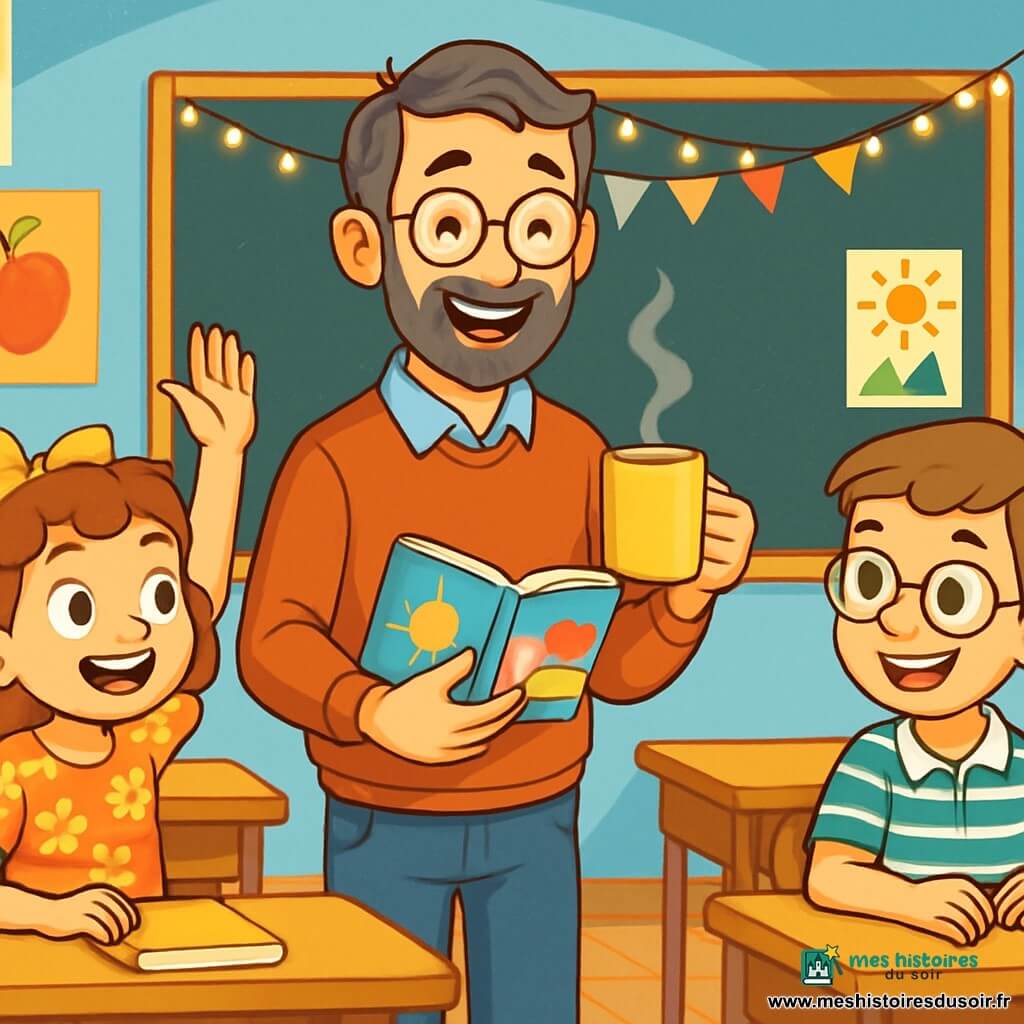 Monsieur Léon, un instituteur d'une quarantaine d'années avec des lunettes rondes et une barbe poivre et sel, se tient au centre de la classe, souriant chaleureusement. Il tient une tasse de thé dans une main et un livre coloré dans l'autre. À ses côtés, Clara, une petite fille de 8 ans aux cheveux bouclés et à la robe à fleurs, lève la main avec excitation, tandis que Lucas, un garçon de 9 ans aux lunettes carrées et à la chemise à rayures, sourit, impatient d'écouter. La salle de classe est lumineuse, avec des murs bleu pastel et des affiches colorées. Une guirlande lumineuse scintille au-dessus du tableau noir, créant une atmosphère joyeuse. Monsieur Léon annonce un projet spécial, et les enfants, excités, se penchent en avant sur leurs bureaux, leurs visages illuminés par l'anticipation d'une nouvelle aventure d'apprentissage.