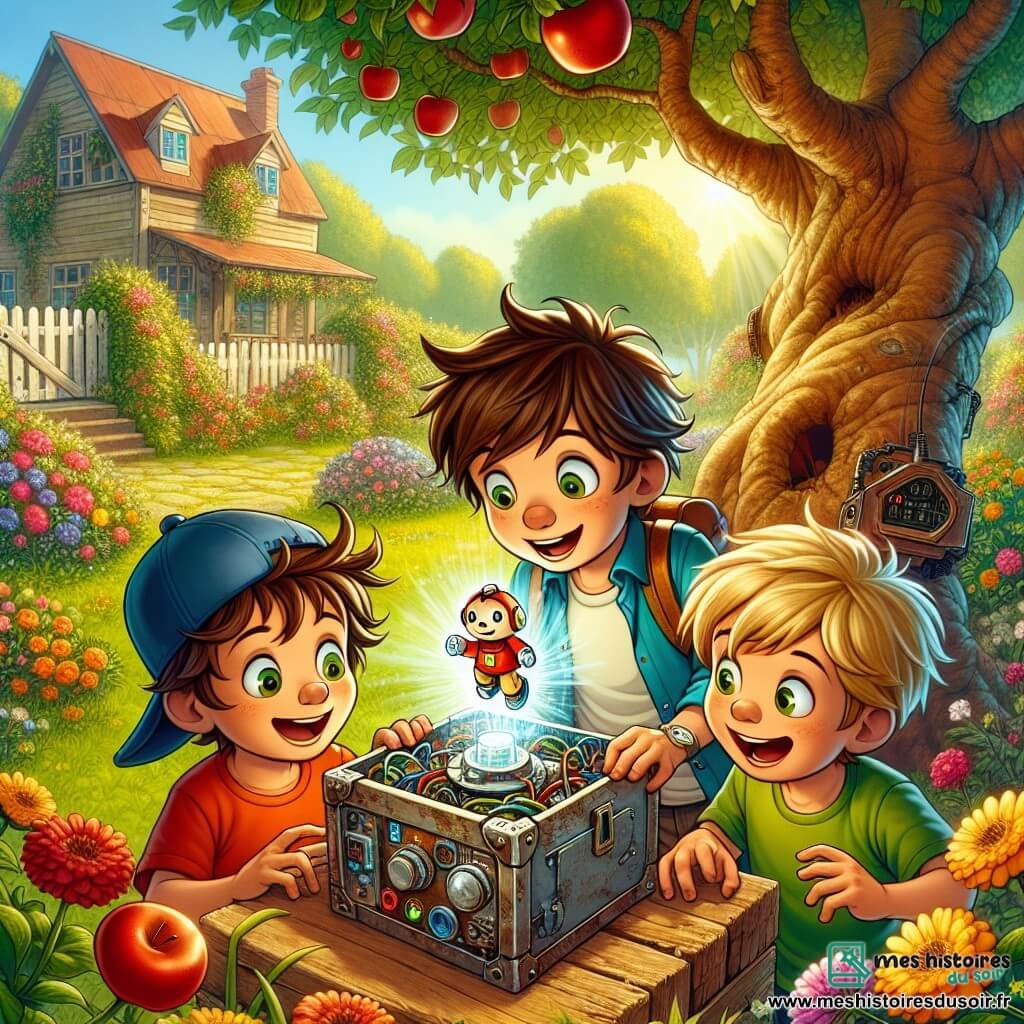 Trois garçons de sept ans, Max, Jules et Léo, sont dans un jardin ensoleillé. Max, aux cheveux bruns et t-shirt rouge, examine une boîte en métal rouillée. Jules, blond avec une casquette bleue, admire un hologramme d'un petit robot souriant. Léo, châtain et en t-shirt vert, s'exclame de joie en découvrant une machine à voyager dans le temps. Le jardin est fleuri et verdoyant, avec un vieux pommier et une maison en bois en arrière-plan. Les trois amis explorent la machine, illuminée et colorée, tandis qu'un hologramme de robot les invite à une aventure à travers les âges.