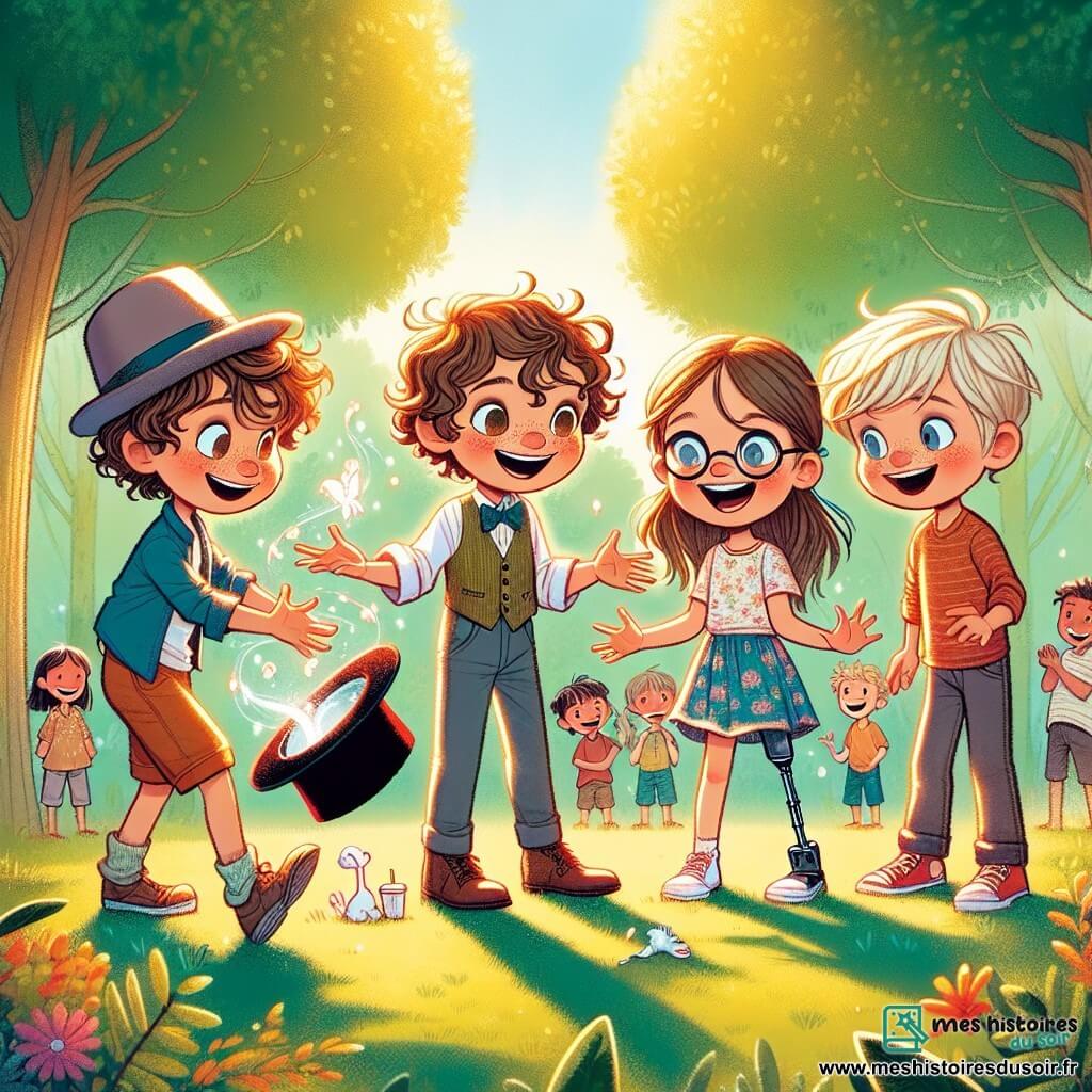 Dans un parc ensoleillé, quatre amis se tiennent au centre. Lucas, 10 ans, porte une cape de magicien et fait semblant de tirer un lapin de son chapeau. À sa droite, Emma, 9 ans avec des lunettes et des couettes, rit en tenant un goûter. À gauche, Théo, 8 ans, admire la scène, les bras croisés, tandis que Clara, 9 ans avec une prothèse à la jambe, s'avance avec un livre d'histoires. Le parc est verdoyant, rempli d'arbres et de fleurs. Les amis s'apprêtent à raconter une histoire sur l'honnêteté, illustrant l'importance de dire la vérité après un mensonge. Ils sont excités et déterminés à partager leur message.