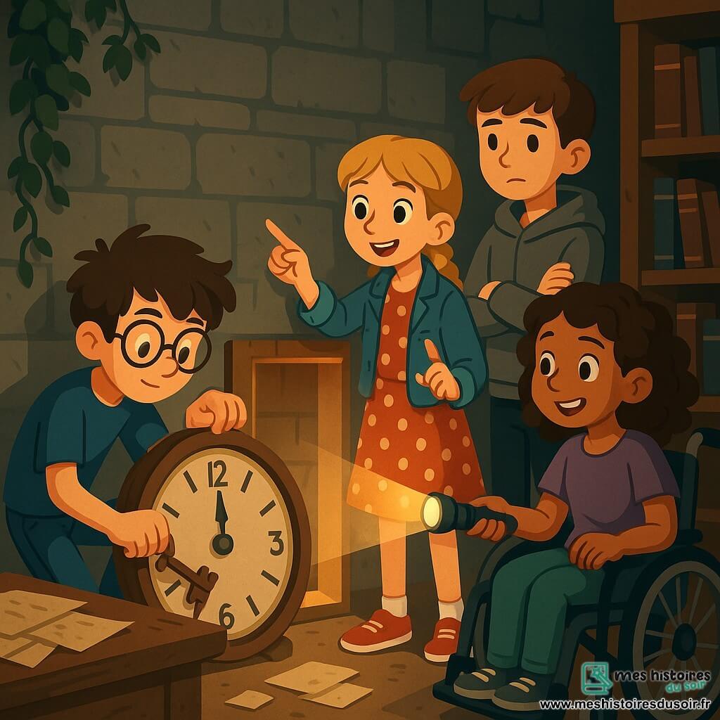 Léon, un garçon de 12 ans aux cheveux bruns en bataille et lunettes rondes, est penché sur une vieille horloge avec une clé rouillée. Chloé, également 12 ans, a des cheveux blonds tressés et porte une robe à pois rouge, elle pointe un panneau secret. Hugo, un garçon châtain en sweat gris, observe pensivement. Emma, une fille aux cheveux bouclés bruns dans un fauteuil roulant, éclaire le passage secret avec une lampe de poche. La scène se déroule dans une salle sombre, poussiéreuse, remplie de vieux livres et d'objets mystérieux, avec une grande horloge en bois. Les amis découvrent un passage caché derrière l'horloge, prêts à explorer un monde d'aventures.