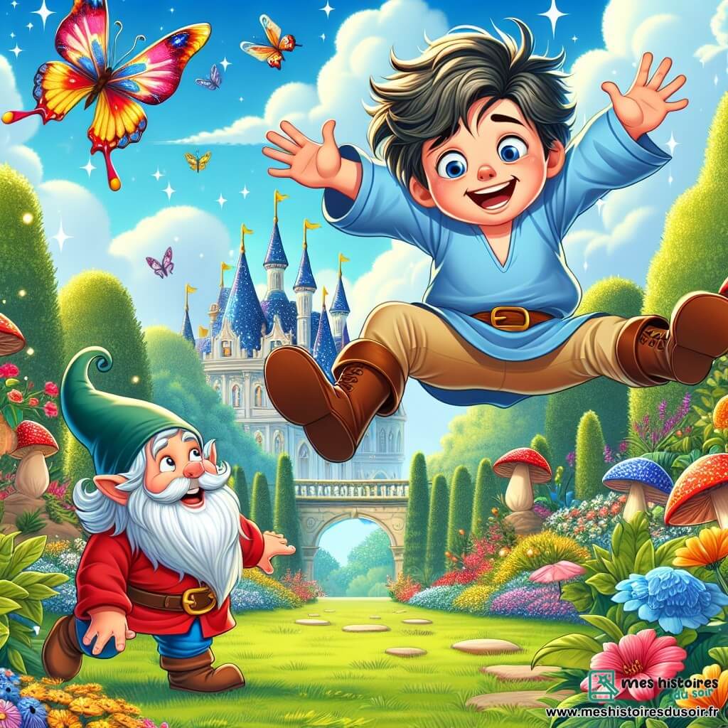 Dans un jardin enchanté, un prince maladroit nommé Philibert, âgé d'environ 10 ans, est au centre de l'image. Il a des cheveux en bataille, un grand sourire et porte une tunique bleue froissée. Il tombe à la renverse, les bras écartés, tandis qu'un magnifique papillon coloré vole au-dessus de lui. À côté, Balthazar, un nain de jardin amical avec une barbe grise et un chapeau pointu vert, rit aux éclats, les mains sur les hanches. Le jardin est luxuriant, rempli de fleurs éclatantes et d'arbres majestueux. Au fond, un château scintillant se dresse sous un ciel bleu clair. Philibert trébuche sur un nain de jardin, créant un moment hilarant que Balthazar observe avec amusement, ajoutant une touche de magie et de joie à la scène.