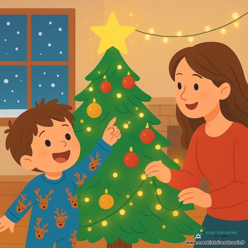 Un petit garçon de 2 ans, Lucas, avec des cheveux bruns en désordre et des yeux pétillants, se tient devant un grand sapin de Noël décoré. Il porte un pyjama bleu avec des rennes et son visage rayonne d'émerveillement. À côté de lui, sa maman, une femme d'environ 30 ans avec de longs cheveux châtains, accroche une guirlande sur le sapin en se penchant légèrement vers Lucas. Le salon est lumineux, avec des guirlandes brillantes et un feu dans la cheminée. Des flocons de neige tombent à l'extérieur. Lucas, les bras levés, rit et pointe une étoile brillante en haut du sapin, tandis que sa maman l'observe avec tendresse, créant une atmosphère chaleureuse.