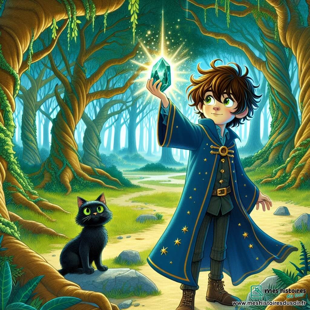 Léo, un jeune apprenti sorcier de onze ans, se tient au centre de la clairière, son visage illuminé par l'excitation. Il a des cheveux bruns en désordre et porte une robe de sorcier bleue ornée d'étoiles dorées. Dans ses mains, il tient la Pierre des Ancêtres, une gemme brillante émettant une douce lumière dorée. À ses côtés, Nimbus, son chat noir, observe attentivement. En arrière-plan, la Forêt des Murmures s'étend majestueusement, avec des arbres aux troncs épais et une brume légère flottant entre les branches, créant une atmosphère magique. Léo se prépare à briser la malédiction qui pèse sur sa famille, levant la pierre vers le ciel, tandis qu'une lumière éclatante commence à en émaner, illuminant la clairière d'une lueur dorée, symbole d'espoir et de magie.