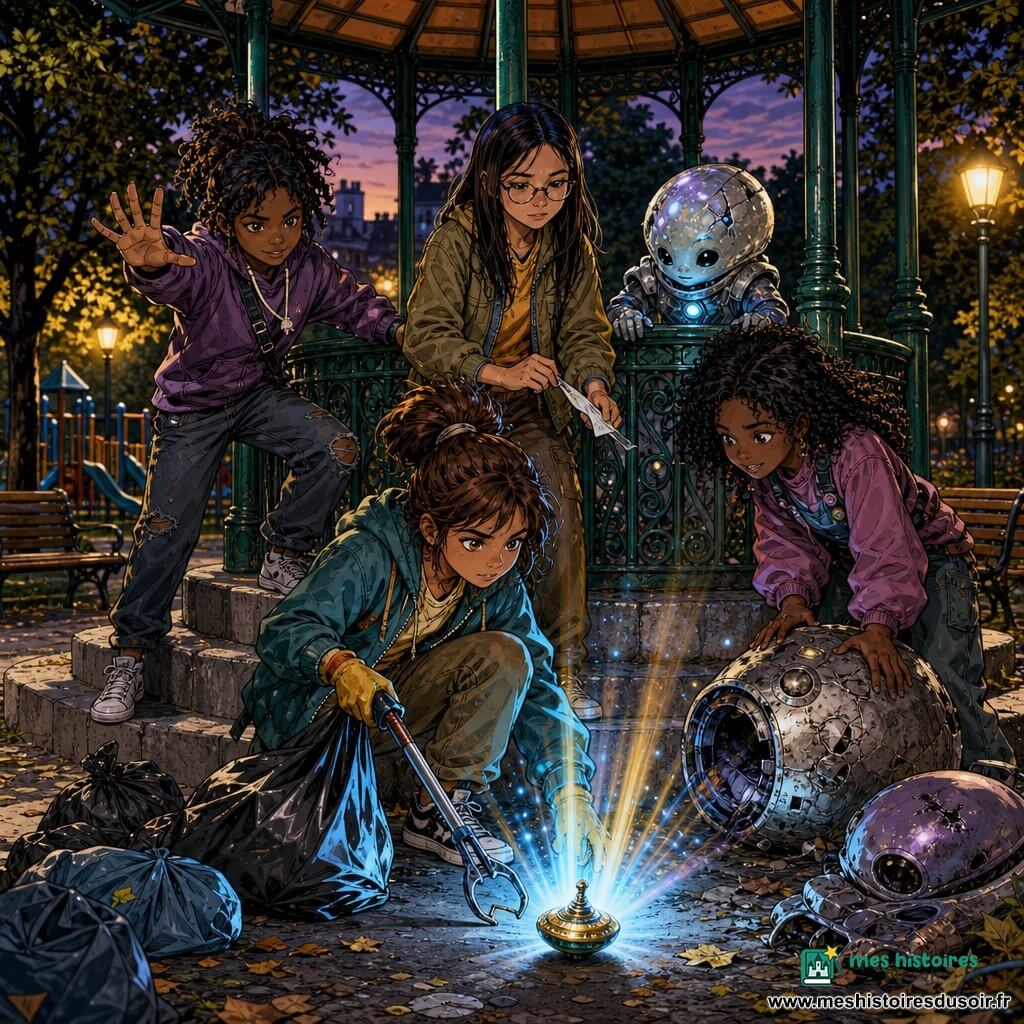 Cinq personnages au crépuscule dans un kiosque à musique vert au centre d’un parc : Mina (env. 12 ans) accroupie au centre, pince ramasse-déchets et sac, devant une petite toupie lumineuse ; Zoé (11 ans) vive à gauche sur la marche, bras en geste d’alerte ; Lila (11 ans) souriante à droite, penchée sur une capsule spatiale cabossée ; Sana (12 ans) lunettes, debout derrière Mina, ralentissant la toupie avec un outil improvisé ; Rii, petite créature extraterrestre perle non genrée, casque fissuré et combinaison grise, sortie d’une sphère mécanique, mains sur la rambarde et lueur bleue au poitrail. Atmosphère de tension calme : rayons bleus et dorés projetés par la toupie, étincelles, débris métalliques et sacs autour, couleurs contrastées et style bande dessinée aux contours nets et textures détaillées.