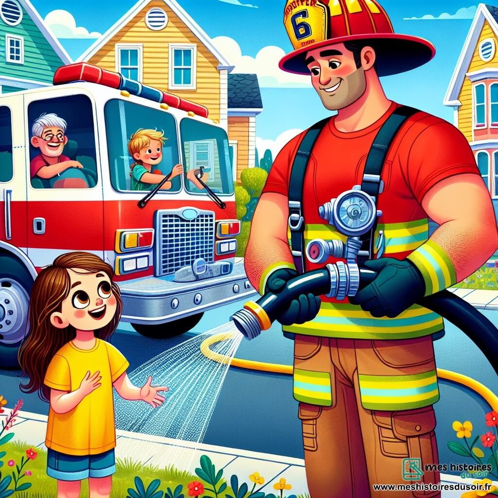 Un pompier, grand et musclé en uniforme rouge, se tient à côté de son camion et montre un tuyau d'eau à Mia, une petite fille de six ans aux cheveux bruns et aux yeux curieux, qui porte un t-shirt jaune et un short bleu. La scène se déroule dans une petite ville ensoleillée avec des maisons colorées et un ciel bleu clair. Le pompier explique à Mia le fonctionnement du tuyau d'eau, et elle est ravie d'apprendre sur le métier de pompier.