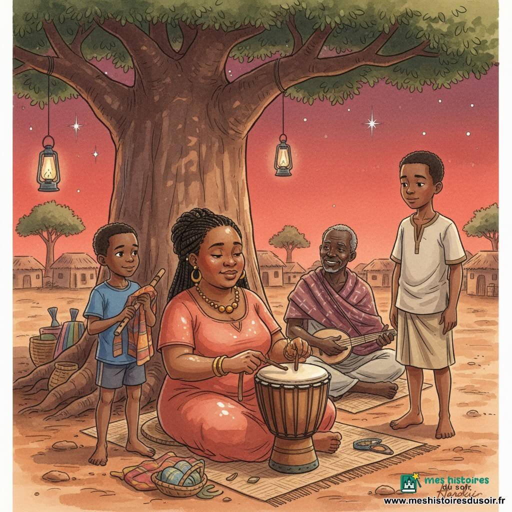 Hardy, femme au visage rond et peau brune, cheveux tressés en couronne, est assise au pied d’un immense baobab aux racines noueuses et répare un tambour en bois et peau, mains couvertes de résine brillante tenant une lanière de cuir ; à sa gauche, un garçon d’environ 7 ans, timide mais soulagé, tient une flûte cassée enveloppée dans un tissu coloré, et à sa droite un adolescent d’environ 12 ans, visage fermé s’adoucissant, regarde la flûte réparée avec fierté ; un griot d’environ 60 ans, peau foncée et cheveux gris, avec une petite kora en bandoulière et un châle à motifs, est assis en arrière et sourit doucement. Le sol est de terre ocre, une natte tissée, maisons en banco, paniers et tissus colorés en arrière-plan ; crépuscule rouge profond, lanternes à huile et étoiles naissantes. Atmosphère tendre de réparation, d’écoute et de réconciliation; accent sur les textures (bois veiné, peau tendue du tambour, résine luisante), couleurs chaudes (ocre, rouge, terre cuite, indigo) et rendu aquarelle doux avec rehauts blancs pour les reflets sur la résine, les yeux et les étoiles.