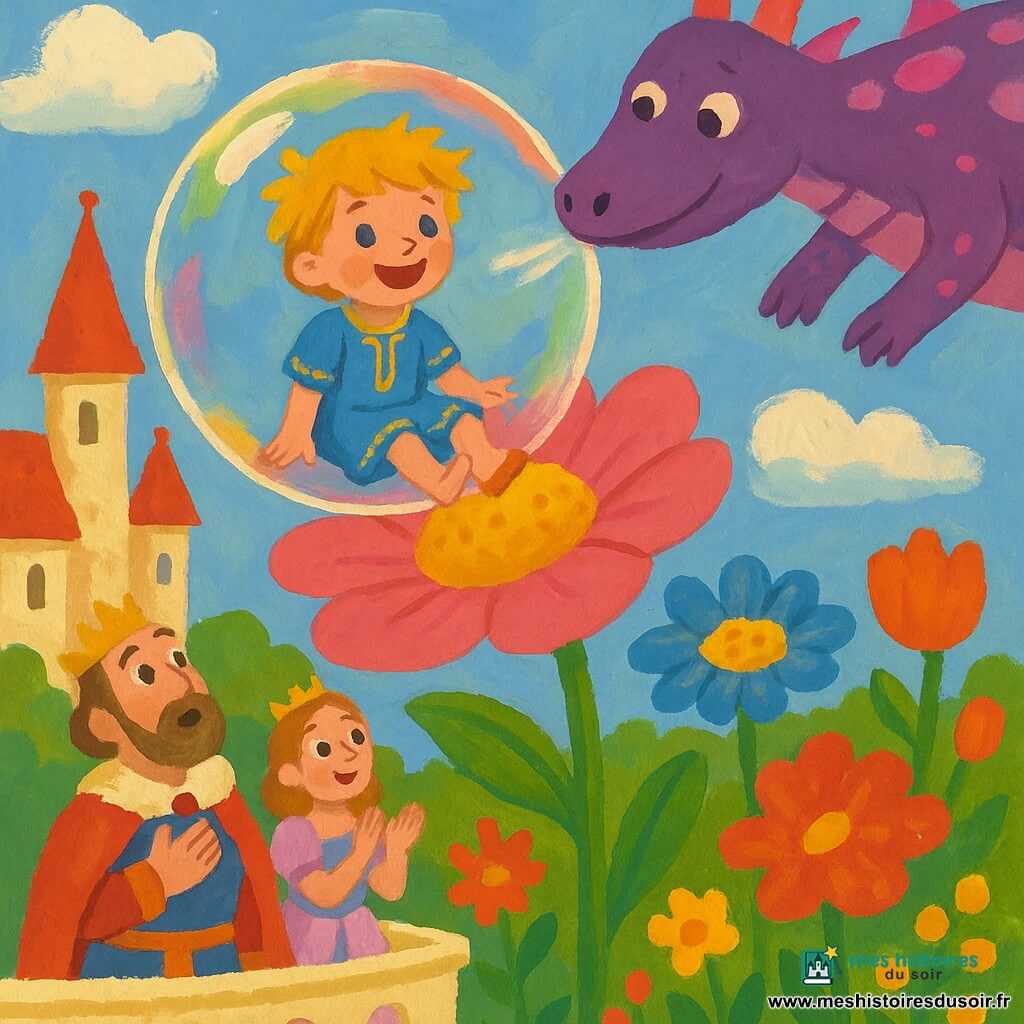 Un petit prince garçon d'environ 6 ans, joyeux, cheveux blonds en bataille, en robe courte bleue brodée, souriant, est assis dans une grande bulle de savon transparente aux reflets irisés; un dragon violet à taches roses, grand mais doux, aux yeux ronds et au museau souriant, souffle délicatement pour poser la bulle sur une immense fleur rose au premier plan; il est à droite, en vol en arrière-plan; le roi d'une quarantaine d'années, en costume rouge et cape, main sur le cœur, se tient en bas à gauche du château et regarde le ciel, surpris mais rassuré; la reine d'une quarantaine d'années, en robe pastel et fine couronne, applaudit doucement à côté de lui sur le balcon; décor: ciel bleu clair avec nuages doux, jardin du château aux fleurs énormes et colorées, château aux tours crème et toits rouges en arrière-plan; ambiance lumineuse, couleurs vives, textures gouache, traits simples et formes rondes, style enfantin.