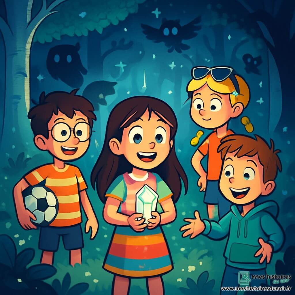 Quatre enfants se trouvent dans une forêt magique : Elise, 10 ans, cheveux bruns, robe colorée, tenant un cristal lumineux ; Max, 11 ans, cheveux en bataille, lunettes rondes, t-shirt à rayures, avec un ballon de football ; Lila, 10 ans, cheveux blonds tressés, lunettes de soleil, short et t-shirt, observant la scène ; Tom, 9 ans, cheveux châtains, sweat à capuche, faisant une blague. Ils découvrent un cristal brillant entouré d'une lumière éclatante, tandis que des ombres menaçantes se dessinent en arrière-plan, créant un contraste entre lumière et obscurité.