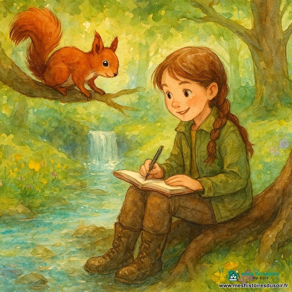 Fille exploratrice d'environ 10–12 ans, visage souriant et concentré, cheveux châtain en tresse, veste kaki et bottes boueuses, perchée sur une grosse racine au bord d'un ruisseau avec un carnet ouvert sur les genoux et une plume prête, regard émerveillé; petit écureuil roux nommé Choupi aux yeux vifs et queue touffue, posé sur la branche au-dessus, penché malicieusement; clairière d'herbe verte mouillée parsemée de fleurs jaunes et violettes et petits galets brillants, arbres aux troncs noueux et une cascade délicate derrière une cavité sombre, lumière dorée filtrant entre les feuilles; ruisseau montant doucement avec éclaboussures subtiles autour des pierres, reflets bleus et verts, atmosphère d'aventure douce et magique en couleurs pastel vibrantes, textures aquarelle visibles, bords légèrement flous et quelques éclaboussures pour le mouvement de l'eau.
