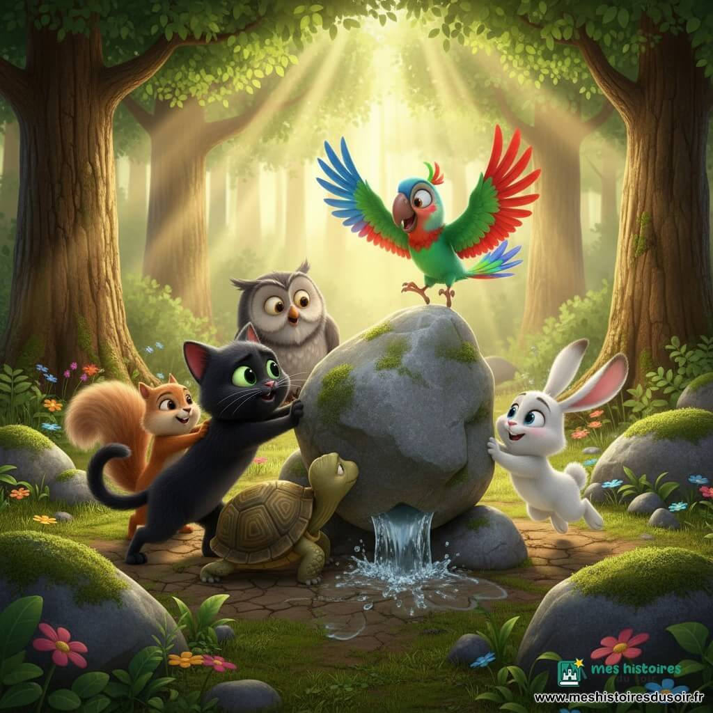 Malo, un chat noir au pelage velours et aux yeux verts brillants, pousse de toutes ses pattes contre un gros rocher tandis que Lili, un petit écureuil roux au ventre crème, tire avec espoir ; Hector, un vieux hibou gris perché derrière eux, observe, Torti la tortue brun-olive pousse lentement près de Malo, Coco le perroquet aux plumes vives chante en battant des ailes et Pipo, un petit lapin blanc, saute et pousse sur le côté ; dans une clairière boisée aux rochers moussus, herbe froissée et rayons dorés, l'eau commence à jaillir sous le rocher, éclaboussures scintillantes et expressions de soulagement et d'excitation créent une ambiance lumineuse et chaleureuse rappelant un film d'animation 3D pour enfants.