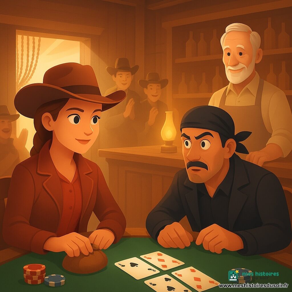 Femme Rose, jeune vingtaine, regard déterminé, chapeau de cow‑girl brun, veste en cuir rouge, cheveux tressés, pose une petite bourse sur la table de poker; Joe, vieil homme au visage ridé et sourire bienveillant, tablier poussiéreux, debout derrière le bar à droite; Black Jack, homme d'une trentaine d'années, bandana noir et regard narquois mais surpris, veste sombre, assis en face de Rose les mains près des cartes; quelques cow‑boys en arrière‑plan regardent la scène. Lieu: saloon en bois chaleureux avec bar en chêne, lampes à huile et rideau de perles, rayons de lumière poussiéreuse. Situation: duel de poker animé, cartes étalées, ambiance de compétition amicale et respect, palette chaude (bruns, ors, rouges) avec le vert du tapis et le noir du bandana en contraste.