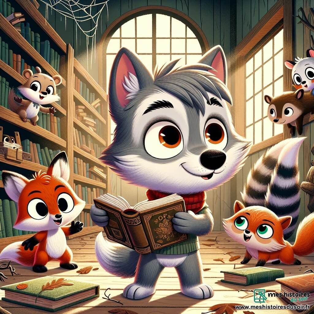 Léo, un petit loup aux yeux brillants et au pelage gris, se tient au centre, déterminé et curieux, tenant un vieux livre. À ses côtés, Mina, une renarde malicieuse au pelage roux, regarde avec excitation le livre. Théo, un blaireau noir et blanc, semble intrigué, tandis que Lulu, un écureuil aux grandes oreilles et à la fourrure brune, grimpe sur une étagère à la recherche d'indices. La scène se déroule dans la Vieille Bibliothèque de la Forêt, un lieu mystérieux avec des étagères en bois et des livres poussiéreux. Léo et ses amis viennent de découvrir un passage secret derrière une étagère et s'apprêtent à ouvrir un coffre ancien rempli d'objets mystérieux, marquant le début de leur enquête.