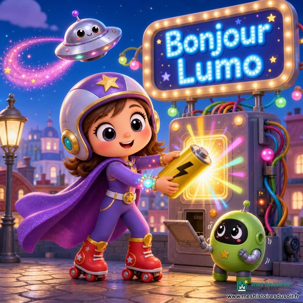 Capitaine Comète, super-héroïne souriante aux yeux brillants et joues roses, porte une cape violette flottante, un casque à étoile dorée, des bottes à roulettes rouges et un bracelet-lumière clignotant ; elle replace une grosse batterie jaune dans un panneau lumineux tandis qu’un petit robot vert rond, timide et curieux, tremble et lui tend une minuscule trappe à ses pieds ; une mini-soucoupe argentée vole au-dessus en laissant une traînée de paillettes roses ; en arrière-plan, le toit d’un immeuble avec un panneau “Bonjour Lumo” en lettres bleues lumineuses, fils colorés et ampoules, et en bas une rue pavée bordée de lampadaires et petits bâtiments colorés ; ambiance joyeuse et sécurisante, couleurs vives pastel, traits arrondis et expressions mignonnes.