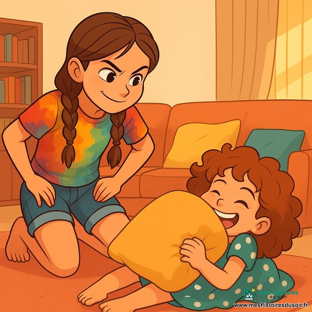 Léonie, une fille de 12 ans aux longs cheveux bruns tressés, porte un t-shirt coloré et un short en jean. Elle sourit malicieusement, accroupie avec les mains sur les hanches, en observant sa petite sœur Zoé, 7 ans, qui est allongée par terre, cachée derrière un coussin moelleux, avec un sourire espiègle. Le salon est chaleureux, avec un grand canapé, des coussins colorés et un coin lecture. Léonie et Zoé jouent ensemble, Léonie défiant Zoé de rendre le coussin, tandis que Zoé fait des grimaces et rit joyeusement.