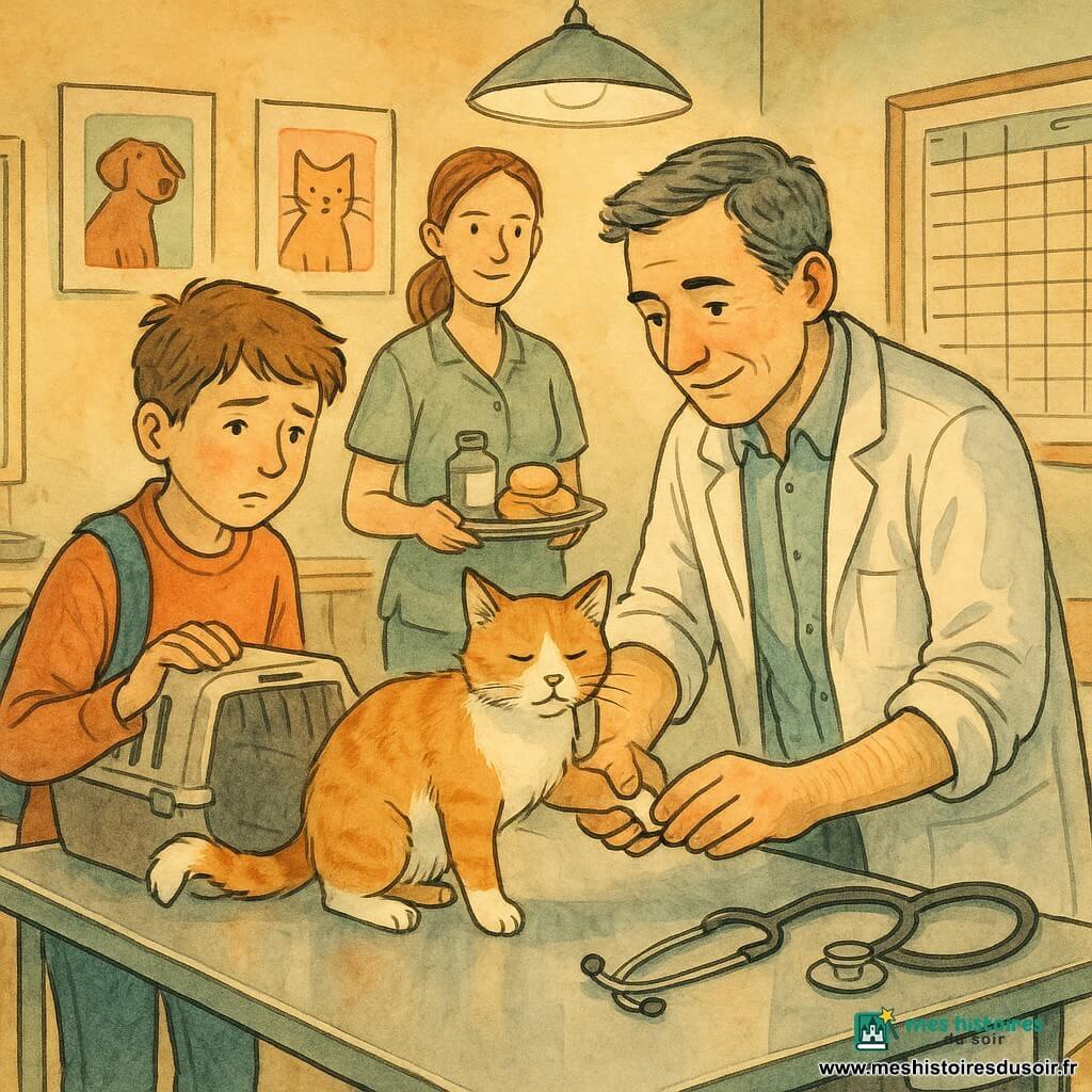 Un vétérinaire au visage bienveillant et concentré, cheveux courts noirs avec mèches grises, manches retroussées, tient délicatement la patte d’une chatte orange et blanche boitillante sur une table d’examen métallique; un garçon d’environ 12 ans, cheveux châtains et sac à dos en bandoulière, inquiet mais soulagé, tient la caisse de transport ouverte à gauche; une auxiliaire dans la trentaine, cheveux attachés, tient une bouillotte tiède et des pansements sur un plateau derrière le vétérinaire. La salle de consultation est lumineuse et chaleureuse, murs pastel avec affiches d’animaux, étagère de boîtes et flacons, balance et grand tableau de rendez‑vous. Scène calme et rassurante centrée sur les regards et les mains, gestes précis, stéthoscope posé sur la table, lumière douce d’une lampe suspendue; style traits d’encre nets et lavis aquarelle chaud, palette ocre, vert sauge, bleu‑gris et orange.
