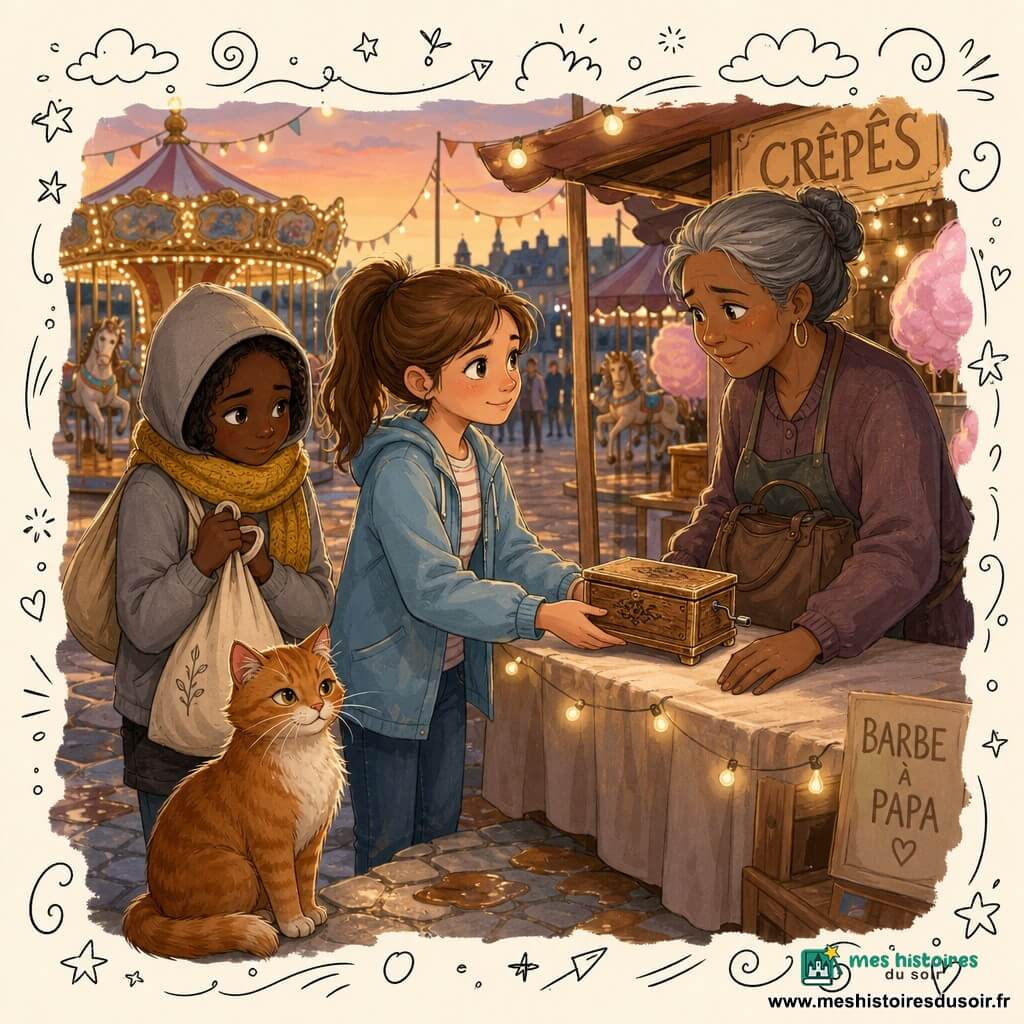 Lina, 12 ans, cheveux châtains en queue de cheval et veste bleue, pose délicatement une petite boîte à musique en bois vieilli sur la table ; Zoé, aussi ~12 ans, timide, capuche grise et grosse écharpe jaune, serre un sac en toile à côté d’elle ; Madame Vignal, ~45 ans, cheveux gris attachés, se tient derrière le stand, émue et soulagée, prête à reprendre la boîte ; un chat roux au poil brillant avec une entaille à l’oreille est assis au premier plan, observant la scène ; lieu : place de fête au crépuscule avec manège, guirlandes lumineuses, stands de crêpes et barbe à papa, sol pavé taché de caramel — ambiance chaleureuse, tension résolue, détails tactiles (bois, tissu, caramel).