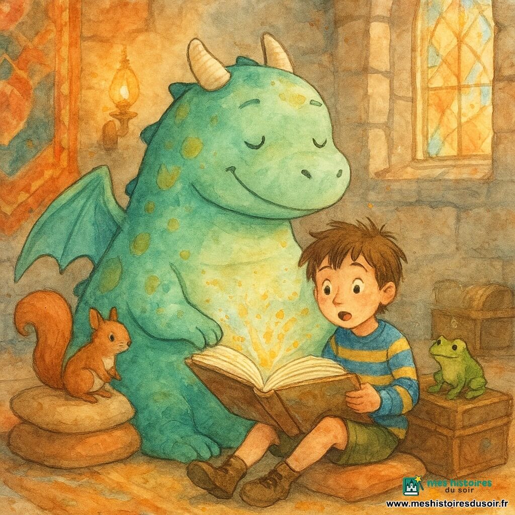 Un grand dragon rond et doux, émeraude pâle tacheté d'or, sourit paisiblement les yeux mi-clos; ses écailles sont en larges lavis d'aquarelle, cornes ivoire courtes et ailes repliées; il tient un gros livre ouvert sur son ventre rebondi. Un garçon d'environ 7 ans, Timothée, cheveux bruns en bataille, bouche entrouverte d'émerveillement, est assis contre son flanc en train de feuilleter le livre; il porte un pull rayé bleu et jaune, shorts kaki et petites bottines boueuses. Autour d'eux, un écureuil roux et une petite grenouille verte, perchés sur des coussins et vieux coffres, écoutent. La scène se déroule dans une grande salle de château chaleureuse aux murs en pierre lavés à l'aquarelle, tapisseries colorées, lampes à huile orangées et rayons traversant une haute fenêtre à vitraux; ambiance cosy et magique, textures aquarelle avec touches dorées et éclaboussures suggérant des étincelles d'imagination; composition centrée, perspective légèrement en plongée.