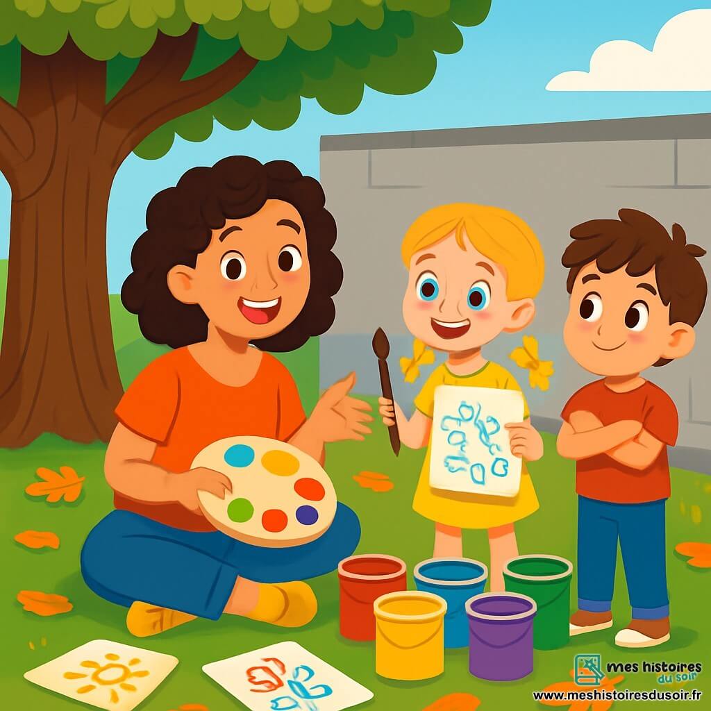 Anaïs, une femme joyeuse aux cheveux bouclés et aux yeux pétillants, est assise sur le sol, entourée de pots de peinture. Elle sourit, tenant une palette colorée, prête à guider les enfants dans leur création artistique. Lila, une petite fille de 7 ans aux tresses dorées, est à côté d'elle, excitée avec un pinceau et une feuille de papier. Maxime, un garçon de 6 ans aux cheveux bruns en bataille, observe attentivement, prêt à se lancer. La scène se déroule sous un vieux marronnier, avec des feuilles colorées et des dessins au sol, et un mur gris du parc attend d'être transformé en œuvre d'art. Anaïs explique aux enfants comment donner vie à leurs idées, et ensemble, ils s'apprêtent à peindre une fresque pleine de couleurs et de magie.