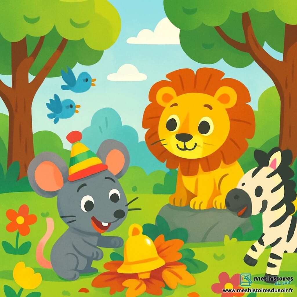 Un petit rat malin nommé Rémy porte un chapeau coloré et sourit joyeusement. Avec son pelage gris et ses yeux curieux, il découvre une cloche cachée sous des feuilles. À côté, Léon, un lion aux crins dorés, l'observe amusé, assis sur un rocher. Plus loin, Zoé, une zèbre aux rayures éclatantes, s'approche en sautillant, excitée. La scène se déroule dans une forêt enchantée avec des arbres majestueux, des fleurs colorées dansant au vent et un rayon de soleil filtrant à travers les branches. Rémy et ses amis découvrent la cloche dorée entourée de feuilles multicolores, tandis que des oiseaux chantent joyeusement.