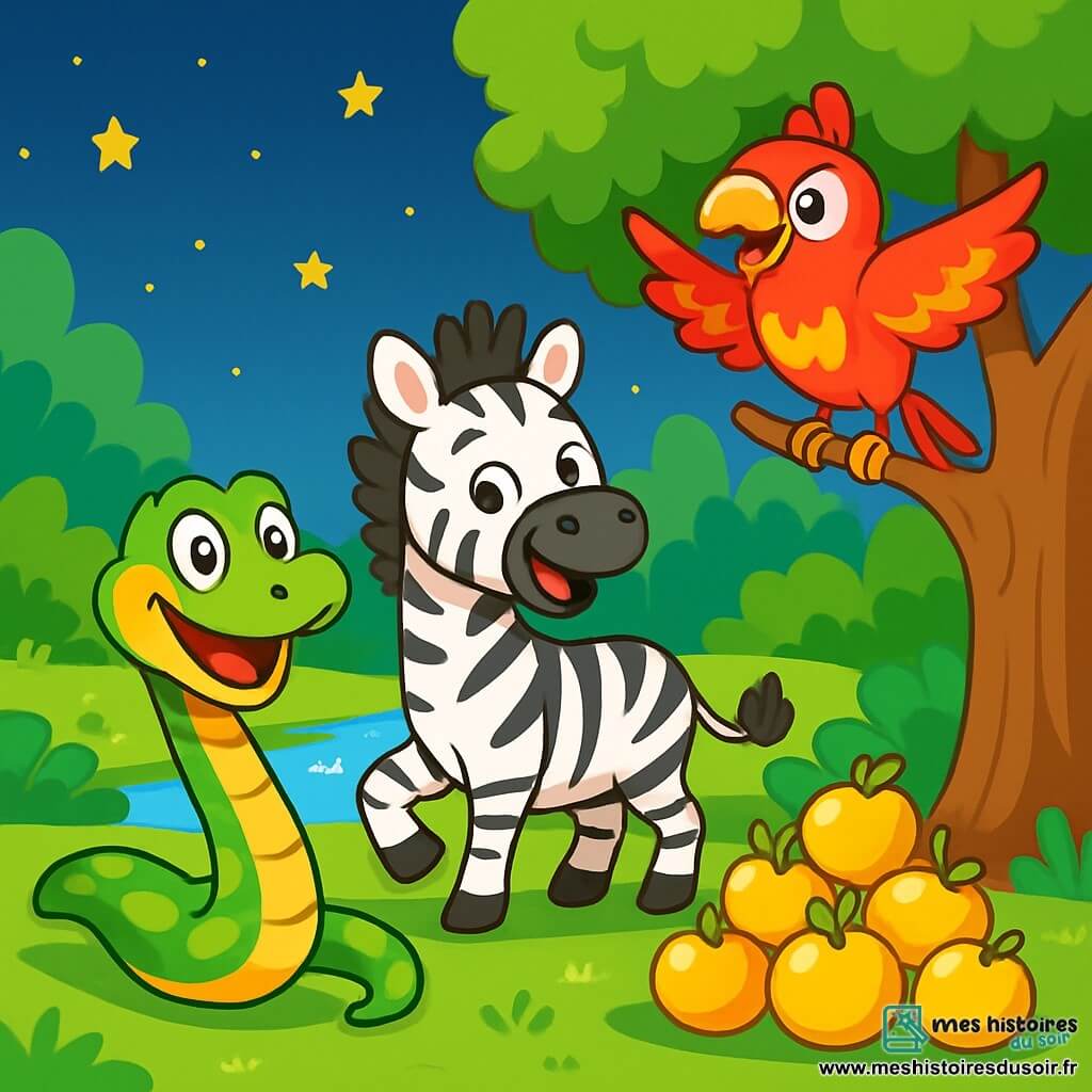 Un serpent nommé Rocky, aux écailles vertes et jaunes brillantes, glisse joyeusement sur le sol avec un grand sourire. Ses yeux pétillent d'excitation en explorant le ruisseau à la recherche de pommes dorées. À ses côtés, Timmy le zèbre, avec ses rayures noires et blanches, trottine curieusement. Dodo le perroquet, aux plumes rouges et jaunes, est perché sur une branche, chantant gaiement. Le décor est un ruisseau scintillant, entouré d'arbres aux feuilles luxuriantes, sous un ciel étoilé. Rocky et ses amis découvrent une pile de pommes dorées cachées sous un grand arbre, remplis de joie pour leur fête à venir.