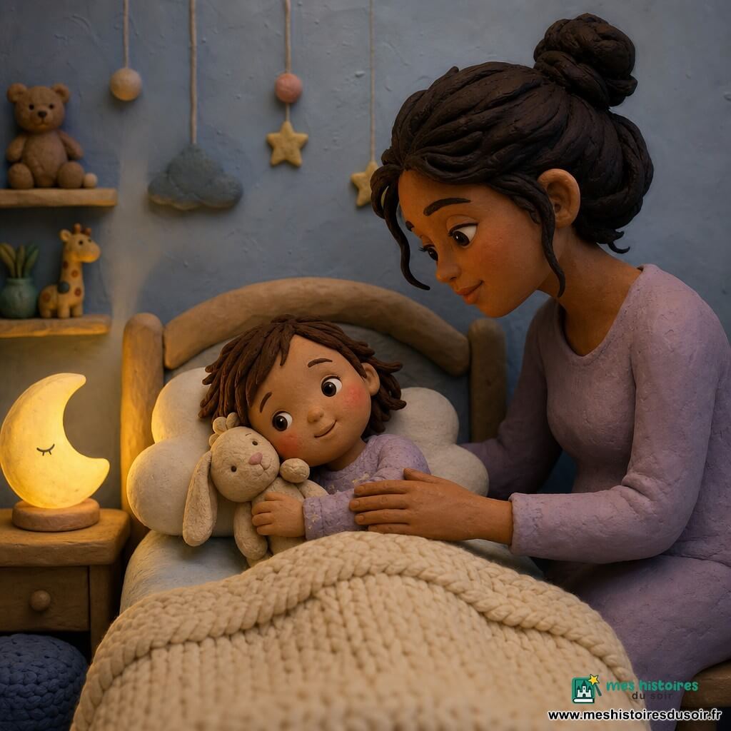 Fille de 2 ans au visage rond et joues roses, cheveux bruns courts, sourire léger, serrant un doudou lapin crème contre sa joue, allongée sur le lit; sa mère d'environ 32 ans, cheveux attachés en chignon et regard tendre, assise au bord du lit la main sur son ventre et chuchotant; chambre petite et chaleureuse avec mur bleu pâle, veilleuse en forme de lune émettant une lueur jaune, couverture crème, coussin nuage blanc, étagère avec quelques livres et une peluche; ambiance tamisée et sereine au coucher.