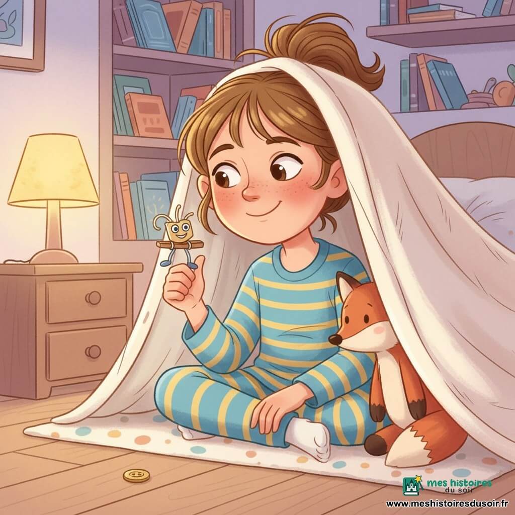 Fille de 10 ans concentrée et souriante, yeux pétillants, joues roses, cheveux châtain clair en couette désordonnée, en pyjama rayé bleu et jaune, assise sous une couette blanche formant une tente, tenant le pouce levé où repose un petit bricolage en ficelle, trombone souriant et pince à linge (le "Fourmipouce"), ambiance nocturne cosy avec lampe de chevet jaune, étagère de livres, peluche renard et tapis, bouton doré roulant au bord du lit, composition centrée sur le visage et un gros plan doux sur les mains, couleurs chaudes et formes rondes pour un rendu enfantin et apaisant.