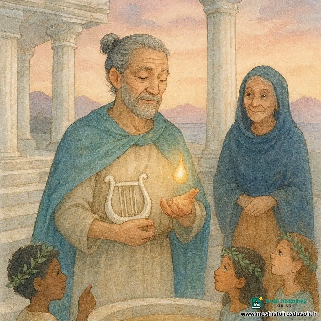 Lysandre, apaisé et humble, visage ridé, cheveux poivre et sel en petit chignon, tunique de lin beige et cape turquoise usée, tient une goutte lumineuse dorée flottant au-dessus de sa paume et serre une petite lyre d’ivoire contre sa poitrine; Myrrha, environ 70 ans, cheveux blancs tressés, peau ridée et yeux vifs, voile bleu nuit et robe ocre, sourit doucement sur les marches du temple, légèrement derrière et à droite; un groupe d’enfants (6–10 ans) coiffés de couronnes de feuilles et robes simples, visages émerveillés, lit des inscriptions dorées sur un mur près du bassin sacré au premier plan à gauche; le lieu est le parvis d’un ancien temple en pierre blanche patinée, colonnes corinthiennes ébréchées, marches larges et bassin circulaire d’eau couleur or pâle; en arrière-plan la mer calme et des montagnes violettes sous un ciel d’aube rosée; scène de réparation et d’espoir: Lysandre offrant la goutte au bassin, la ville retrouvant son calme, avec des flammes décoratives immobiles comme des rubans d’aube autour des colonnes et des inscriptions murales scintillant de mots simples.