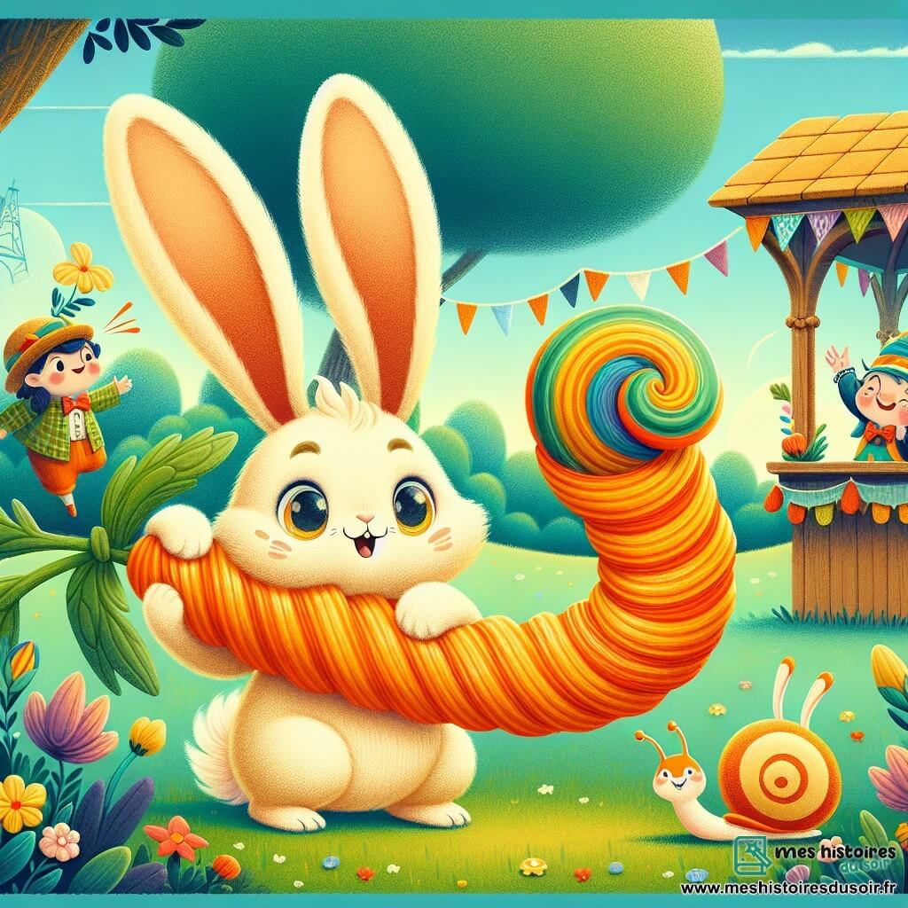 Un lapin curieux nommé Filou, au pelage crème et aux grandes oreilles, tire une carotte élastique orange vif du sol, affichant un sourire émerveillé. À proximité, un escargot avec un chapeau de paille et un regard malicieux observe la scène, tandis qu'un lutin en veste à carreaux applaudit près d'un kiosque décoré. La prairie ensoleillée, ornée de fleurs éclatantes et d'arbres dansants, sert de toile de fond à cette scène magique où Filou, prêt à explorer, est encouragé par les autres personnages.