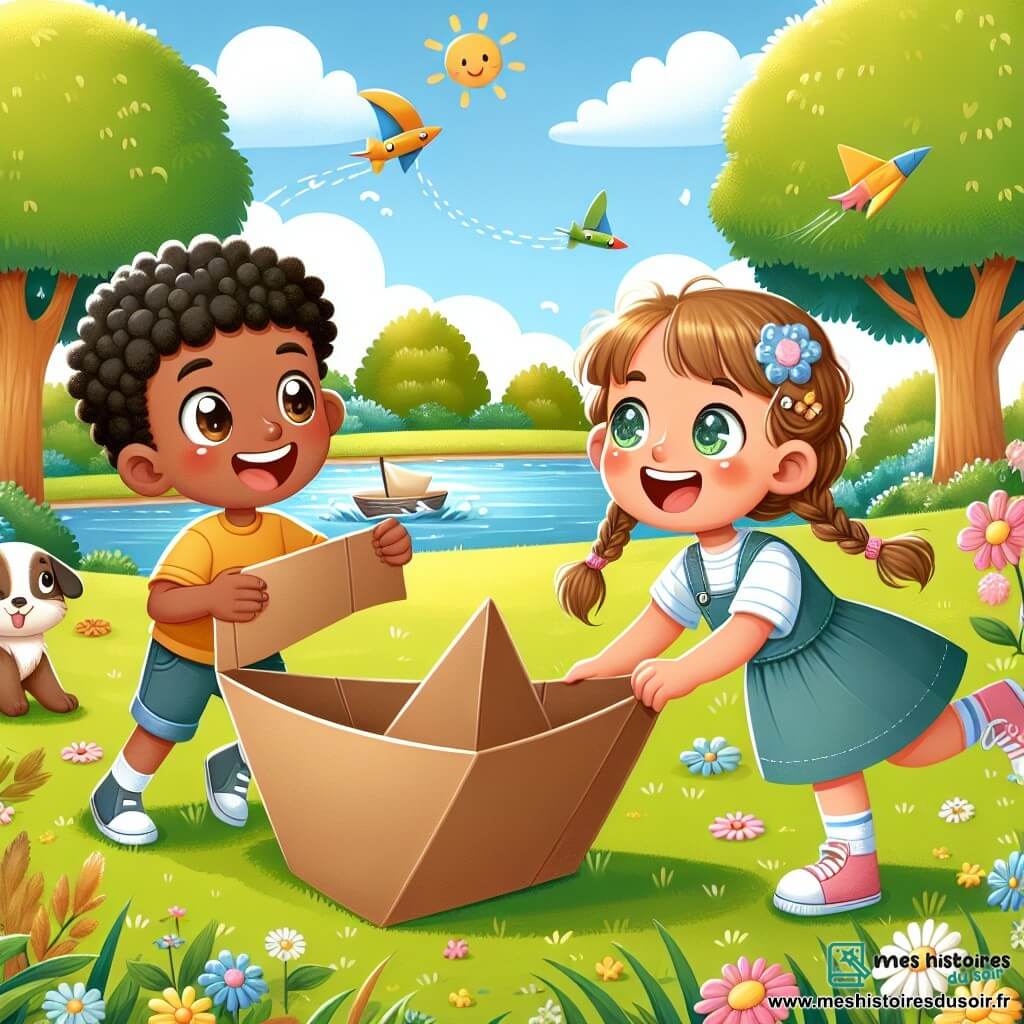 Léo, un garçon de 7 ans aux cheveux bouclés et au grand sourire, se tient à gauche avec un morceau de carton ressemblant à un gouvernail. À droite, Mia, une fille de 7 ans avec des tresses et des yeux pétillants, pousse un bateau en carton sur l'herbe, son visage rayonnant de joie. Le parc est ensoleillé, avec des arbres verdoyants, des fleurs colorées et une mare scintillante. Léo et Mia vivent une aventure en essayant de récupérer leur bateau en carton emporté par le vent, tandis qu'un petit chien curieux les observe, ajoutant de la magie à leur journée.