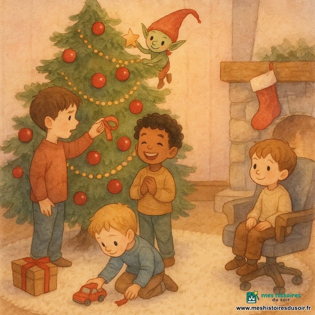 Cinq personnages dans un salon de Noël chaleureux : quatre garçons — Léo (8 ans, cheveux bruns courts, yeux curieux, debout à gauche du sapin pointant un ruban rouge), Sami (8 ans, cheveux noirs bouclés, grand sourire, mains jointes, devant le sapin), Hugo (8 ans, blond, accroupi à l’avant en jouant avec une petite voiture rouge, regard vers le ruban) et Noé (7 ans, petit, châtain clair, assis sur un petit fauteuil à roulettes à droite, regard tendre) — et un petit lutin espiègle à peau verte pâle et chapeau pointu rouge, caché derrière une guirlande sur la branche supérieure, tendant une main pour accrocher une petite étoile dorée ; décor : cheminée en pierre avec chaussette, tapis crème, plinthes en bois, sapin chargé de boules rouges et guirlandes dorées, lumière jaune-rosée et guirlandes lumineuses, petite table avec boîte de biscuits et boîte-cadeau brune prête à être emballée ; situation : les garçons découvrent émerveillés un ruban rouge enroulé autour du sapin et regardent le lutin tandis qu’un morceau du ruban est préparé pour faire un nœud sur la boîte-cadeau, ambiance douce aux couleurs pastel et traits aquarelle.