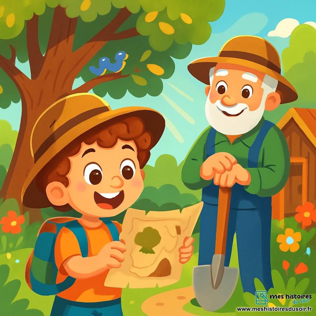Léo, un petit garçon de 6 ans aux cheveux bouclés et aux yeux pétillants, sourit en tenant une vieille carte au trésor. Il porte un chapeau d'aventurier et un sac à dos coloré, devant un grand arbre aux branches étalées, entouré de feuilles vertes et dorées. Un vieux jardinier d'environ 60 ans, avec une barbe blanche et un sourire bienveillant, observe Léo, tenant une pelle en bois, près d'une cabane en bois entourée de fleurs éclatantes. Le parc est ensoleillé, avec un ciel bleu clair et des rayons de soleil filtrant à travers les arbres. Léo, excité, est prêt à partir à l'aventure pour trouver le trésor caché, tandis que le jardinier sourit, conscient de l'aventure qui l'attend.