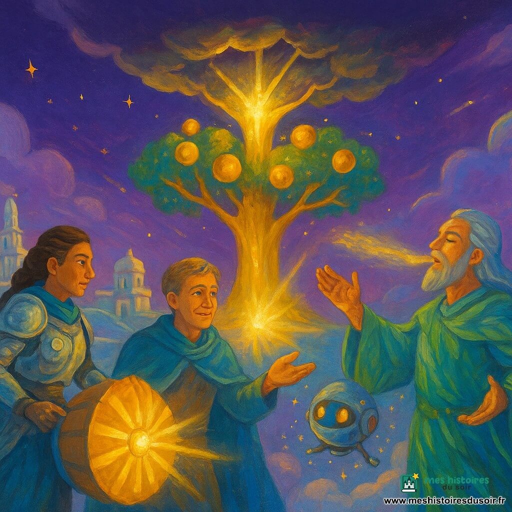 Elian, homme au visage doux et ridé d’un sourire calme, cheveux châtain clair coupés courts, porte une cape bleu-vert changeante et se tient au pied de l’Arbre-Étoile, la main tendue vers un rayon de lumière, rassuré et déterminé; Piko, petit drone magique rond en métal poli aux lumières colorées, vole près de lui en projetant de fines étincelles; Dame Ferra, femme d’environ 45 ans en armure argentée parsemée d’engrenages et cheveux nattés, pousse une grande turbine brillante à gauche de l’arbre, concentrée et courageuse; Maître Lirion, homme d’environ 50 ans en robe fluide de feuilles vertes et bleu pâle, cheveux longs argentés, chante à droite de l’arbre en levant les bras, des vagues de souffle lumineux s’échappant de sa bouche. La cité flottante de Zéphira, îles suspendues reliées par des ponts de lumière translucide, bâtiments en pierre nacrée et nuages en dessous, s’ouvre sous un grand ciel violet; au centre, l’Arbre-Étoile massif aux racines lumineuses et fruits sphériques dorés brille tandis qu’un nuage sombre se fissure et qu’un rayon de soleil traverse la cime. Les guildes unissent technologie et chant pour faire tourner les turbines et briser le nuage; l’atmosphère est vibrante, aux couleurs contrastées (or, violet, argent, vert), textures épaisses, coups de pinceau visibles, éclats de lumière et petites étoiles filantes célébrant l’union.