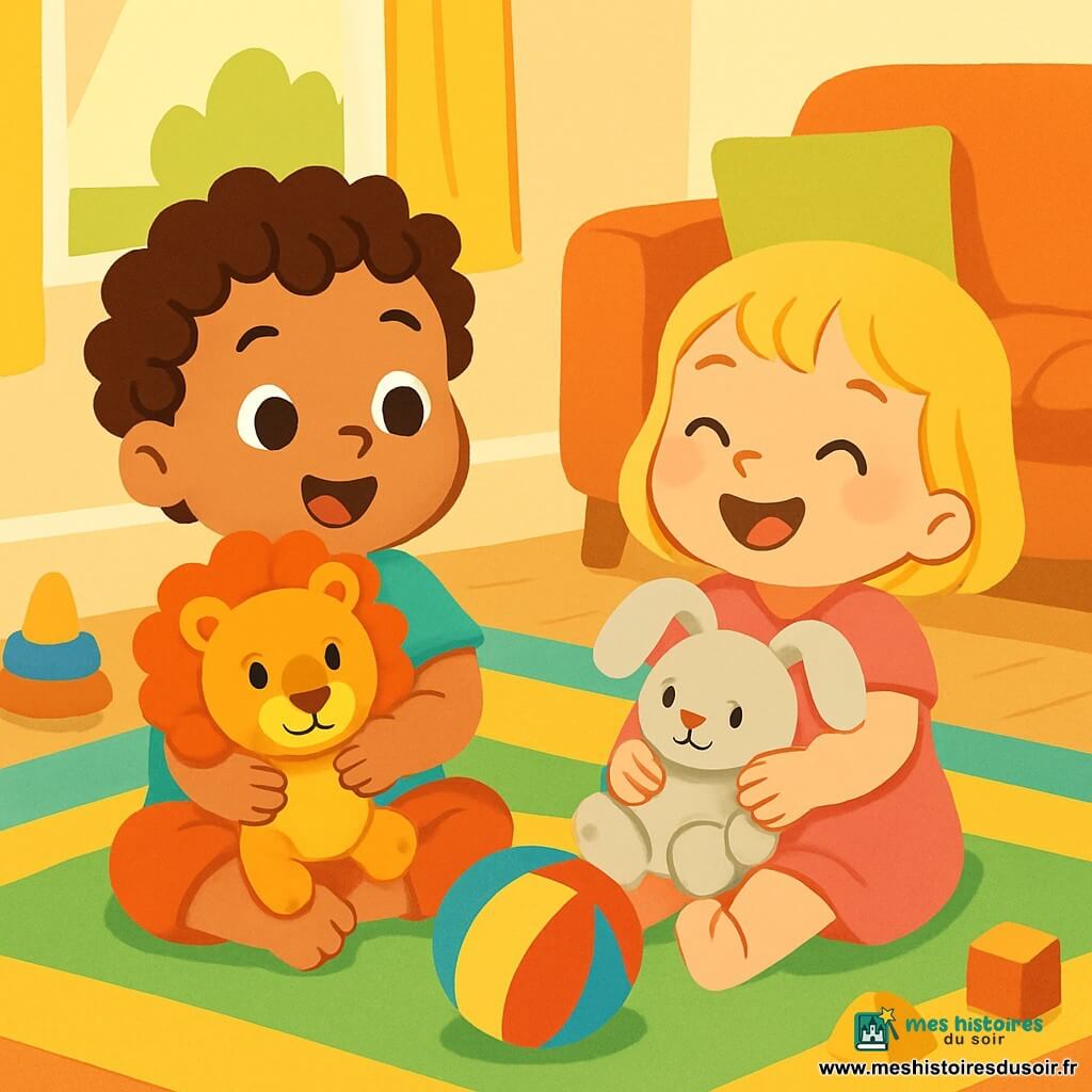 Un petit garçon de 2 ans, avec des cheveux bouclés et des yeux pétillants, sourit en jouant avec sa peluche, un lion nommé Léon. À côté de lui, une petite fille de 2 ans, avec des cheveux blonds et une robe rose, rit en tenant son doudou, un lapin. Ils sont assis sur une couverture colorée dans un salon lumineux, rempli de jouets et de coussins. La lumière du soleil entre par la fenêtre, illuminant la pièce. Les deux enfants s'amusent à faire rouler une balle, riant ensemble, leurs visages rayonnants de bonheur.