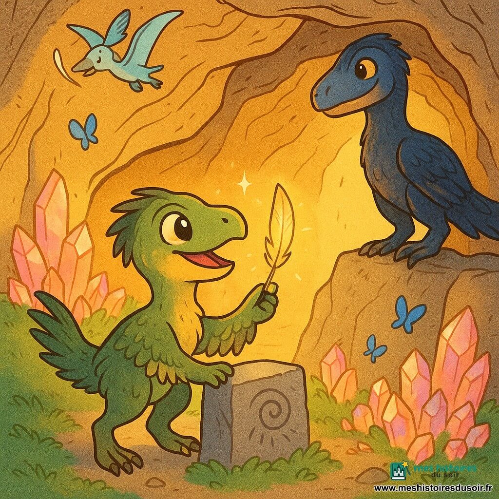 Piko, jeune vélociraptor courageux aux plumes vert-olive nuancées d'or, pose une patte sur une stèle gravée et tient une plume scintillante, tandis que Karo, grand chef aux plumes irisées bleu nuit et cuivre, sourit bienveillant depuis une corniche ; un petit ptérodactyle bleu transporte une autre plume au-dessus de l'entrée d'une grotte montagneuse aux roches striées d'or, cristaux roses et dorés, tapis de mousse verte et papillons bleus ; Piko sort baigné d'une lumière dorée, la plume portée par la brise, dans une atmosphère chaleureuse, rassurante et aventureuse, style bande dessinée aux traits doux, couleurs chaudes, textures plumage et pierre détaillées et éclairage matinal doré.