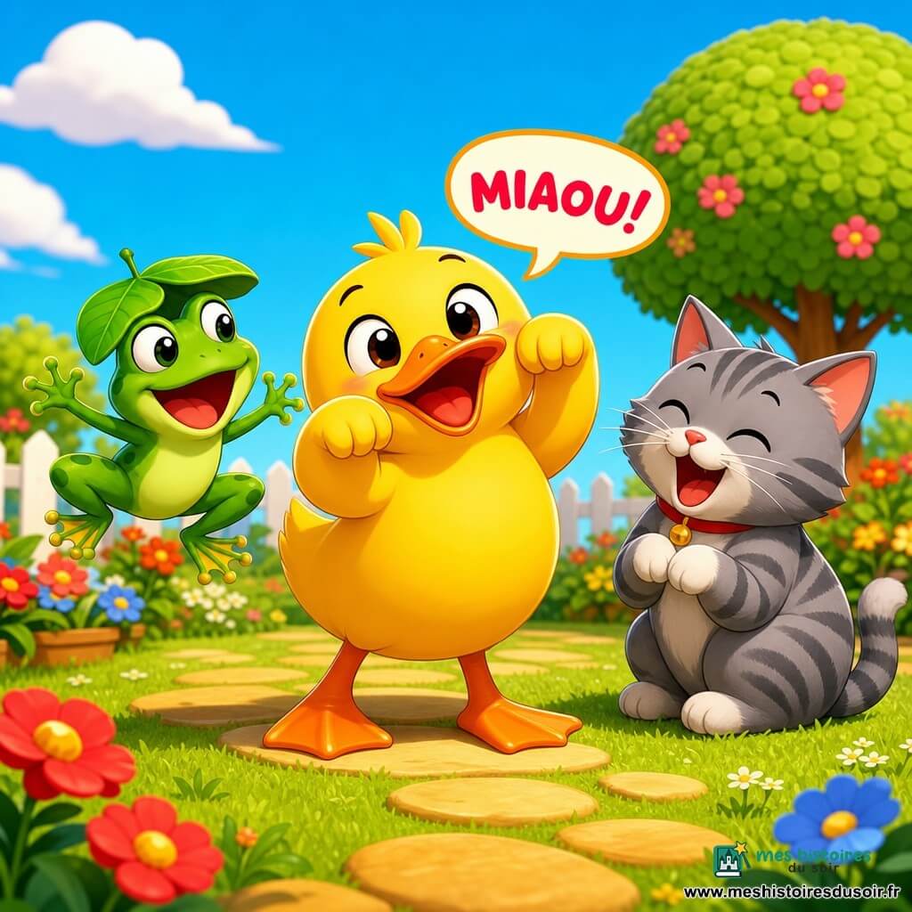 Un canard rond jaune vif au bec orange sourit, debout sur ses pattes palmées en imitant un chat en faisant « miaou »; à sa gauche une petite grenouille verte émeraude souriante saute en battant des pattes, à sa droite un chat gris rayé et fluffy est assis en riant; la scène se déroule dans un jardin ensoleillé aux couleurs saturées (herbe verte, fleurs rouges et bleues, petit arbre, chemin de pierres jaunes, ciel bleu), les trois amis forment un cercle au centre, expressions exagérées et ambiance joyeuse et ludique.