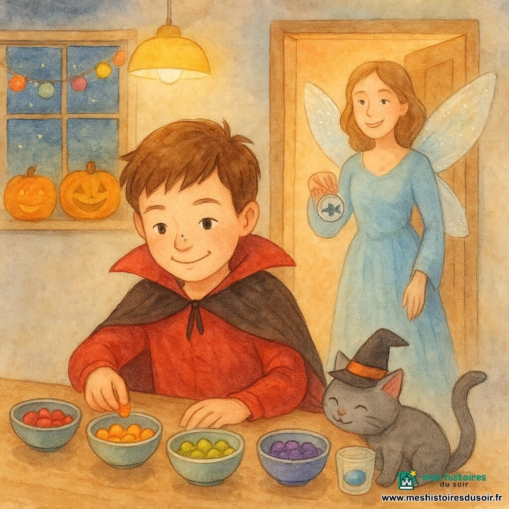 Un garçon de 8 ans, Léo, souriant et concentré, cheveux châtain courts et deux petits points noirs sur le nez, porte une cape de vampire rouge froissée et trie des bonbons colorés dans cinq bols alignés, plaçant un seul bonbon bleu dans un petit verre séparé ; une femme déguisée en fée, ailes scintillantes et sourire doux, lui rend un badge rond argenté marqué d'une chauve-souris depuis la porte entrouverte ; un chat gris malicieux, avec un minuscule chapeau de sorcier incliné, se frotte à la jambe de Léo ; la scène se déroule le soir dans une cuisine chaleureuse éclairée par une lampe jaune, avec une guirlande de lumières en forme de bonbons et des citrouilles sur le rebord, rendu aquarelle doux aux couleurs vives mais pastel, traits délicats et contours légèrement flous.