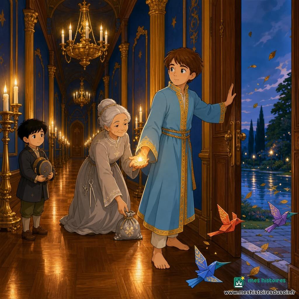 Un jeune prince d'environ 12 ans, visage doux, cheveux châtain courts, en robe bleu pâle bordée d'or et pieds nus, maintient fermement une lourde porte en bois contre un vent léger ; dans une main il protège une petite flamme tremblante posée sur un chandelier, expression calme et bienveillante. Juste derrière lui, une vieille couturière des étoiles d'environ 70 ans, cheveux blancs en chignon, robe gris perle et aiguilles d'argent à la ceinture, dépose un sachet de fil d'argent sur le seuil en souriant paisiblement. À gauche, un garçon d'environ 8 ans aux cheveux noirs et au manteau simple tient un petit chapeau musical sous le bras et regarde timidement le prince près d'un chandelier. Trois oiseaux de papier colorés voletent au-dessus du sol vers l'ouverture de la porte. Lieu : un long couloir de palais en bois poli, murs bleu crépusculaire ornés de colonnes dorées, grands chandeliers suspendus et rangées de bougies chaudes ; la porte donne sur un jardin aux reflets d'eau et aux feuilles emportées par le vent. Ambiance : calme protecteur, bougies vacillantes mais allumées, contrastes de couleurs chaudes (ambre, or) et de bleu crépusculaire.