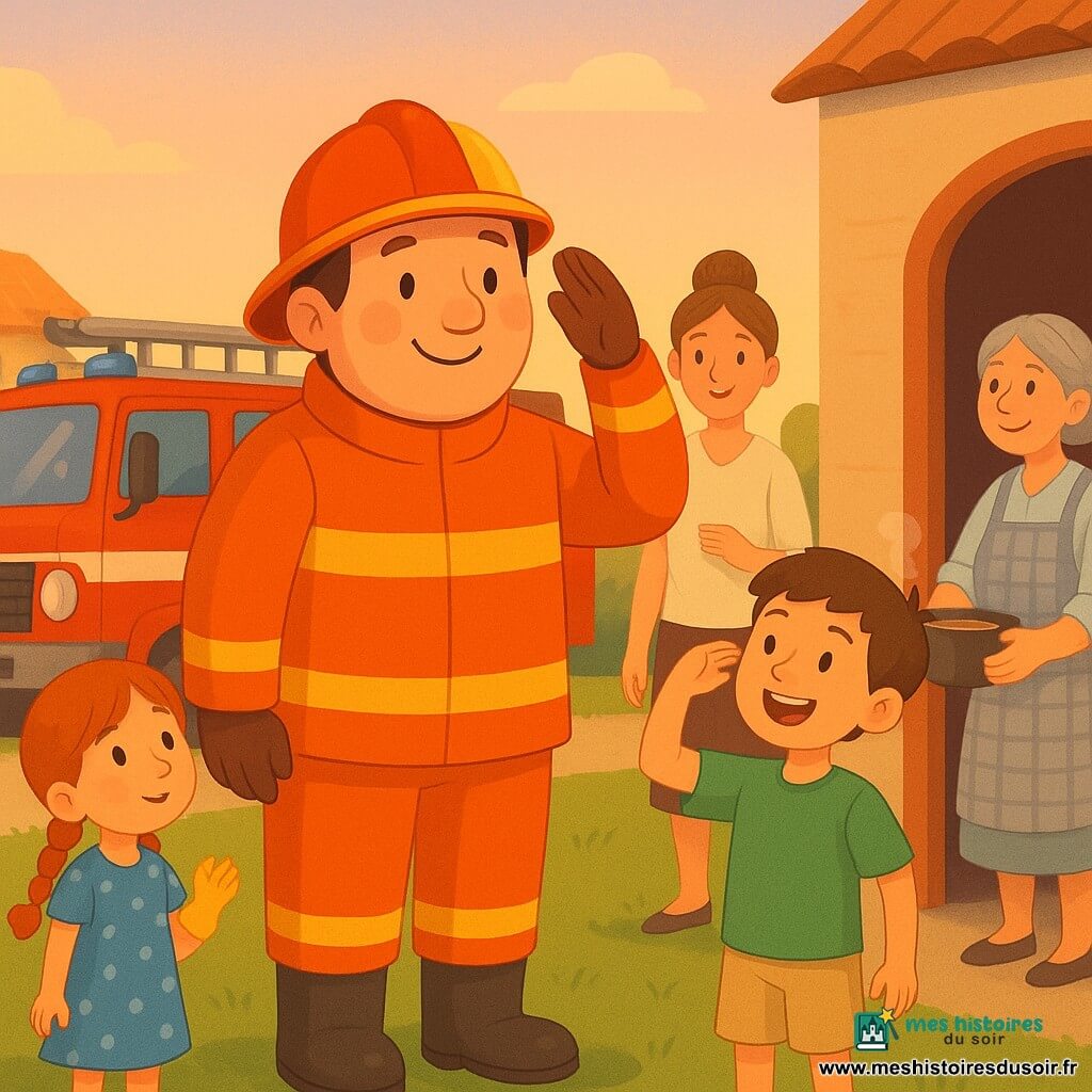 Un pompier grand et souriant en casque jaune-rouge et veste orange réfléchissante salue de la main droite des enfants ; à gauche, une fille d'environ 7 ans aux tresses roux-écarlates en robe à pois bleus tient un petit gant, à l'avant-droit un garçon d'environ 8 ans aux cheveux bruns en t-shirt vert imite la pose en riant, une maîtresse d'environ 30 ans aux cheveux châtain en chignon et blouse claire tient une feuille et sourit en arrière-plan, Madame Leroux, femme âgée au chignon gris en tablier à carreaux, porte une petite marmite fumante près d'une porte de caserne stylisée à droite, un grand camion de pompiers rouge avec échelle et bande réfléchissante est garé en retrait, sur une pelouse d'école avec bancs, maisons au toit orange en arrière-plan et un ciel du soir rosé qui crée une ambiance chaleureuse et des reflets brillants sur le casque et le camion.