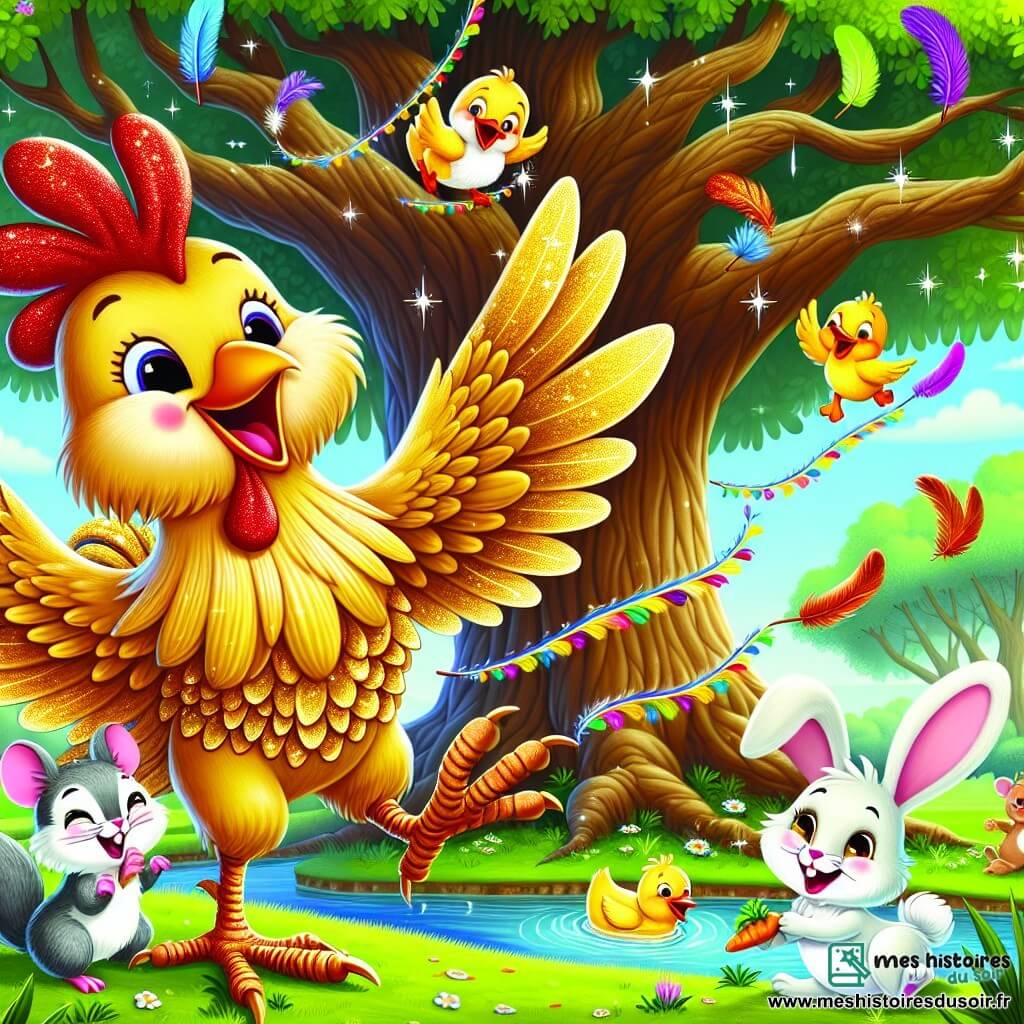 Un coq nommé Coco, avec des plumes dorées et un grand sourire, se tient au centre, battant des ailes. À ses côtés, une petite souris nommée Mimi, avec un pelage gris, admire Coco en tenant une plume colorée. En arrière-plan, un canard nommé Dudu nage joyeusement dans une mare, tandis qu'un lapin nommé Léo grignote une carotte sur l'herbe. La scène se déroule sous un vieux chêne majestueux, créant une atmosphère festive. Coco chante pour célébrer la fête des plumes, entouré de ses amis et d'animaux dansant et s'amusant.