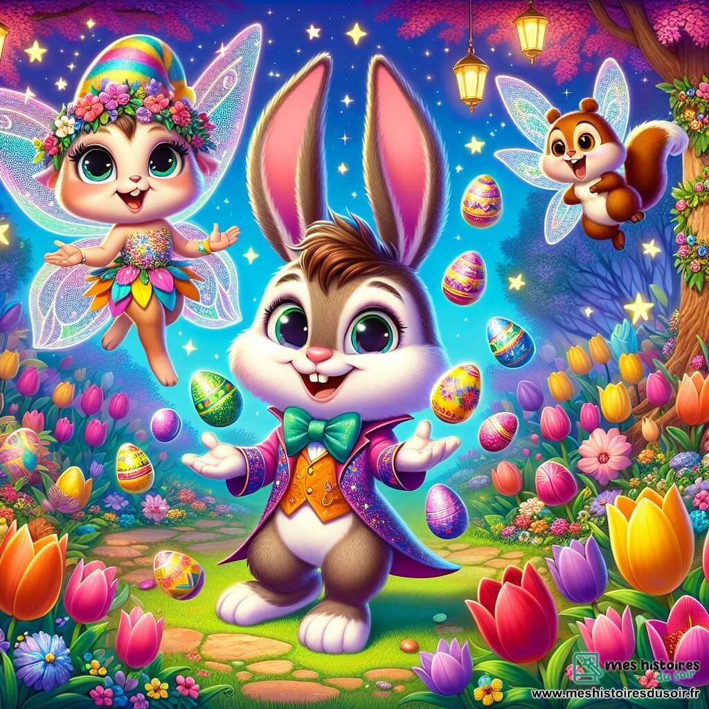 Pipo, un lapin magicien aux grandes oreilles et à la fourrure multicolore, jongle joyeusement avec des œufs en chocolat colorés, affichant un large sourire espiègle. À ses côtés, Lila, une petite fée des fleurs avec des ailes scintillantes, vole en faisant éclore des fleurs luminescentes. Max, un écureuil espiègle au pelage brun, se tient sur une branche, riant tout en tenant une carotte. Le décor est un jardin enchanté rempli de fleurs éclatantes et d'arbres majestueux, avec des lanternes étoilées illuminant le ciel. La scène représente une chasse aux œufs de Pâques joyeuse et magique, pleine de rires et de surprises.