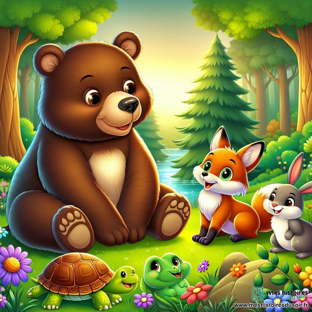 Illustration d'un grand ours brun au pelage doux et brillant, curieux et joyeux, assis sur l'herbe entouré de fleurs colorées, écoutant les histoires des autres animaux. Un renard roux, timide et excité, se tient près de lui, prêt à partager son récit. Un lapin aux grandes oreilles blanches, sautillant joyeusement, applaudit le renard. Une tortue sereine, sur un rocher, observe la scène avec bienveillance. La forêt verdoyante, baignée de lumière dorée, avec de grands arbres et une rivière scintillante, sert de décor au Festival de l'Arc-en-ciel, où les animaux partagent histoires et rires, célébrant la diversité et l'amitié. Des guirlandes de fleurs et des ballons colorés ajoutent une touche festive à l'atmosphère.