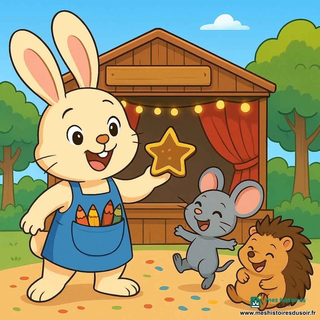 Léo le lapin, avec son pelage crème et son tablier bleu rempli de crayons, sourit joyeusement en tenant une part de gâteau en forme d'étoile à partager. Mila la souris, vive et malicieuse, saute de joie à ses côtés. Oscar le hérisson, assis sur le sol, rit en se frottant le ventre, entouré de confettis. La scène se déroule devant le comptoir d'un théâtre en bois, décoré de guirlandes lumineuses et de rideaux rouges, sous un ciel bleu avec des arbres verdoyants en arrière-plan. Les amis célèbrent leur mini-spectacle dans une ambiance festive.