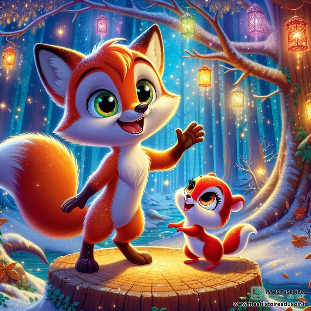 Au centre de l'image, Renardien, un jeune renard au pelage flamboyant, se tient debout sur une souche d'arbre, levant la patte pour saluer Éclyre, une petite écureuil aux poils roux. Éclyre sourit largement, perchée sur une branche, entourée de flocons de neige. En arrière-plan, la forêt enchantée est illuminée par des lanternes multicolores, avec des arbres recouverts de neige scintillante et un grand chêne majestueux orné de guirlandes lumineuses. Renardien et Éclyre, réunis après une aventure, contemplent ensemble la beauté de la forêt illuminée par la magie de Noël.