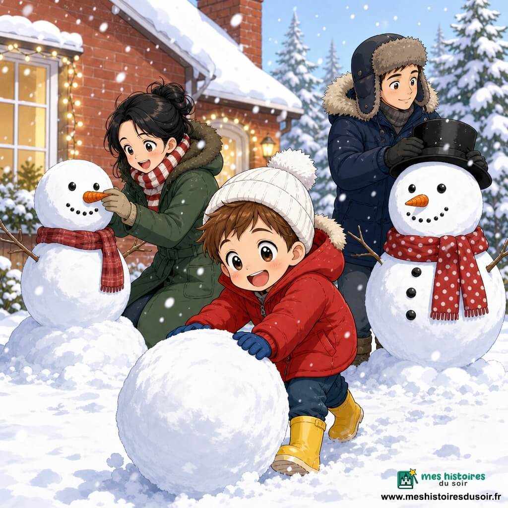 Tom, 4 ans, émerveillé et joyeux, cheveux châtains courts, grands yeux, joues roses, manteau rouge à capuche, bonnet à pompon blanc, gants bleus et bottes jaunes, roule une grosse boule de neige au premier plan; la mère, ~30 ans, souriante, cheveux noirs attachés, manteau vert long et écharpe rayée, ajuste une carotte pour le nez du bonhomme de neige à gauche; le père, ~32 ans, calme et heureux, parka bleu foncé et chapeau en fourrure, pose un chapeau noir sur le bonhomme de neige à droite; le grand bonhomme de neige a trois boules parfaites, yeux et bouche en cailloux, écharpe rouge à pois blancs et chapeau noir de travers; jardin enneigé devant une petite maison en briques rouges, sapins couverts de neige, guirlandes lumineuses jaunes à la fenêtre, traces de pas dans la neige et ciel pâle avec flocons tombants; scène chaleureuse et simple, famille assemble le bonhomme de neige, rires et gestes affectueux, Tom au centre au premier plan, parents légèrement en arrière, ambiance hivernale douce et lumineuse.