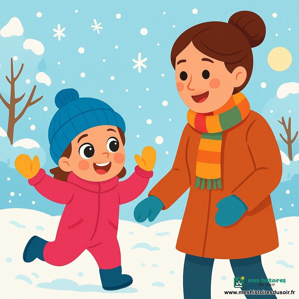 Lila, une petite fille de 4 ans aux grands yeux brillants et joues roses, saute dans la neige vêtue d'une combinaison rose vif, d'un bonnet bleu et de gants jaunes, affichant un sourire joyeux. À ses côtés, sa maman d'environ 30 ans, avec des cheveux bruns en chignon, sourit en tenant sa main, habillée d'un manteau chaud et d'une écharpe colorée. La scène se déroule dans un jardin d'hiver recouvert de neige, avec des flocons tombant doucement et un faible soleil illuminant le paysage. Lila s'amuse à faire des bonhommes de neige et à lancer des boules de neige, tandis que sa maman l'encourage en riant.