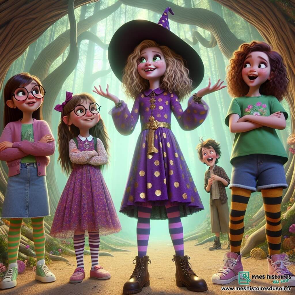 Dans une forêt enchantée, quatre amies se tiennent au centre de la scène. Lila, 10 ans, aux cheveux bouclés et dorés, porte une robe violette à pois et un chapeau de sorcière, souriant malicieusement. À sa gauche, Clara, 10 ans, avec des lunettes rondes et des cheveux bruns tressés, en t-shirt vert et short en jean, semble perplexe mais amusée. À droite, Émilie, 9 ans, avec des cheveux raides châtains, imite un dragon en robe rose et collants rayés. Enfin, Zoé, 10 ans, aux cheveux frisés noirs, rit en jupe colorée et t-shirt fleuri. Le décor est une forêt magique avec des arbres en spirale et des feuilles multicolores, entourée de fleurs géantes. Les amies découvrent un petit Gloubiboulga vert, inquiet dans une boîte en bois, tandis qu'elles se penchent vers lui, prêtes à l'écouter et à l'aider.