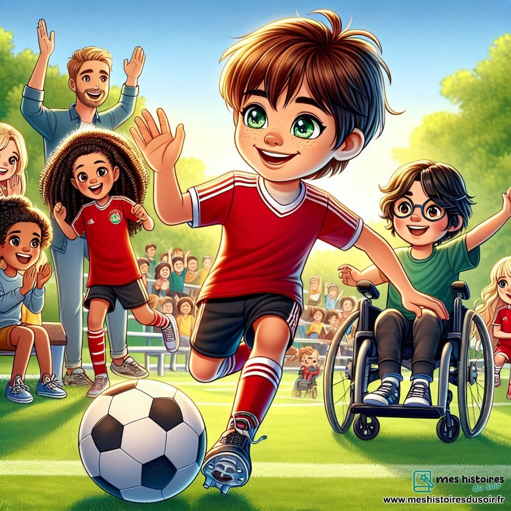 Célestin, un garçon de dix ans aux cheveux châtains et aux yeux pétillants, dribble un ballon de football avec un grand sourire. À sa droite, Lola, en maillot rouge et short noir, l'encourage, tandis qu'à gauche, Maxime, en lunettes, est prêt à passer le ballon, avec Nina, concentrée derrière lui. Malik, en fauteuil roulant, sourit et tient un ballon adapté. Le terrain est verdoyant, entouré d'arbres sous un ciel bleu, avec des spectateurs applaudissant. Célestin est en pleine action, illustrant l'esprit d'équipe et la joie de jouer ensemble.